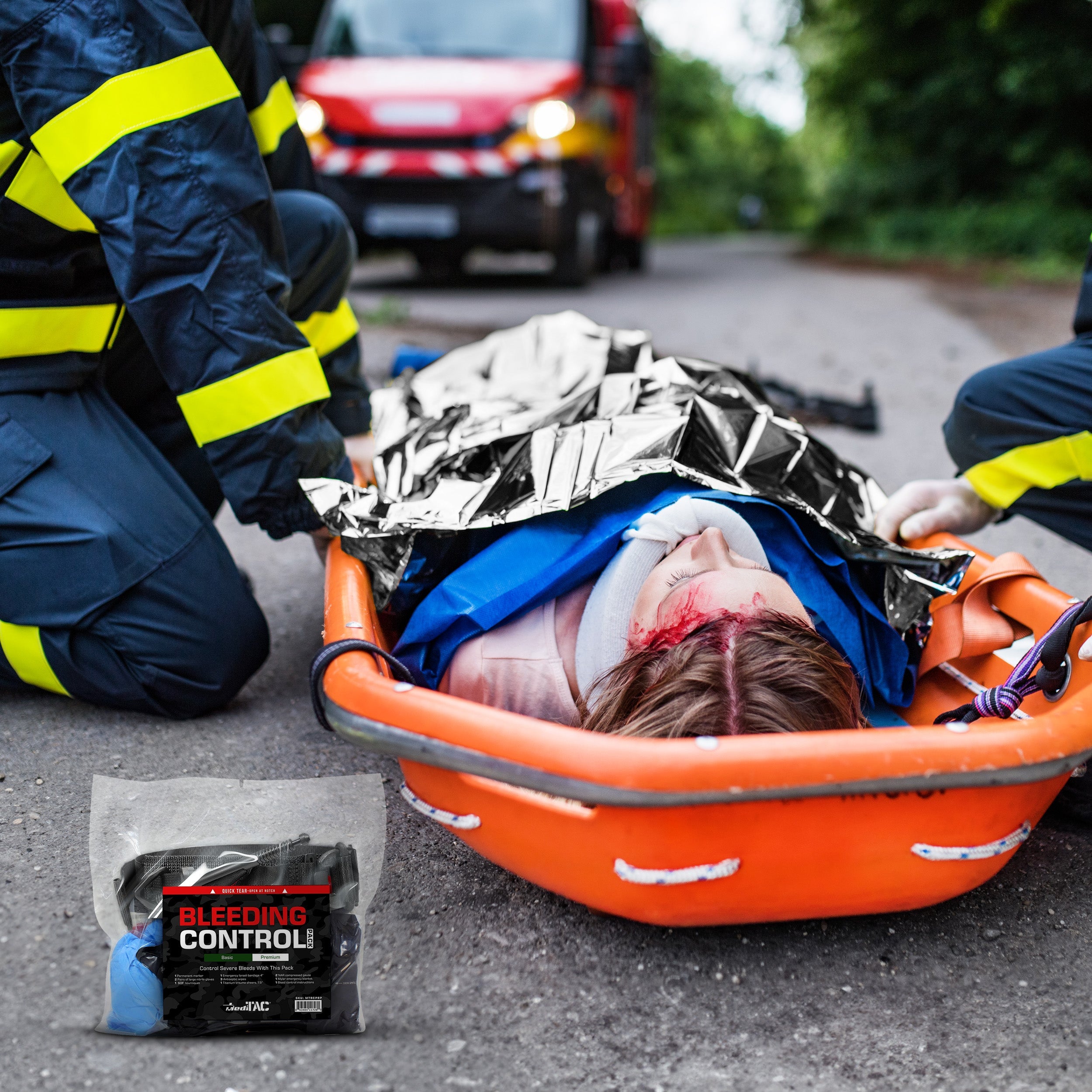 MediTac Kits premium bleeding control pack with emergency trauma kit containing bandages and tourniquets for first aid.