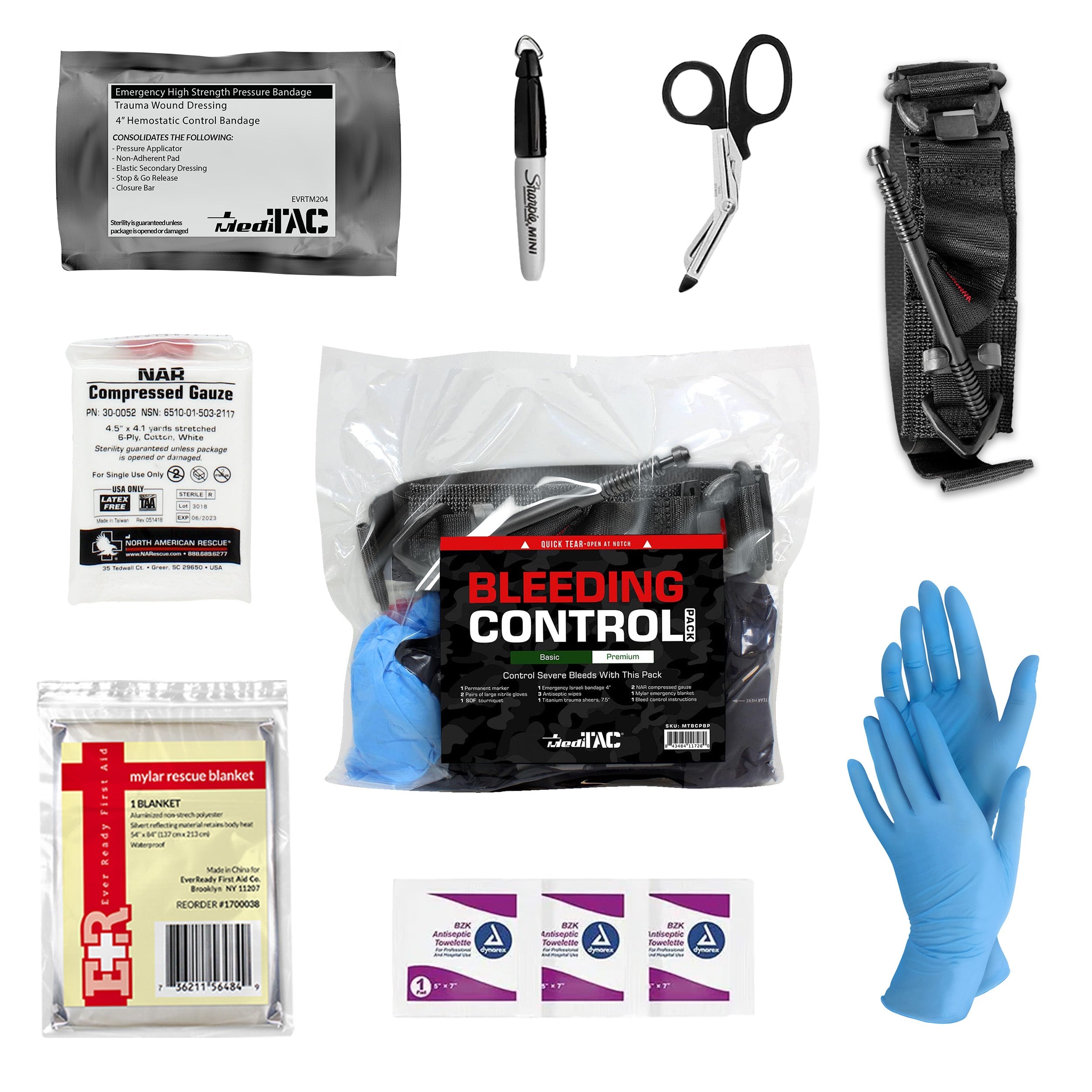 MediTac Kits premium bleeding control pack with trauma kit supplies, including bandages, tourniquets, and first aid tools for emergency use.