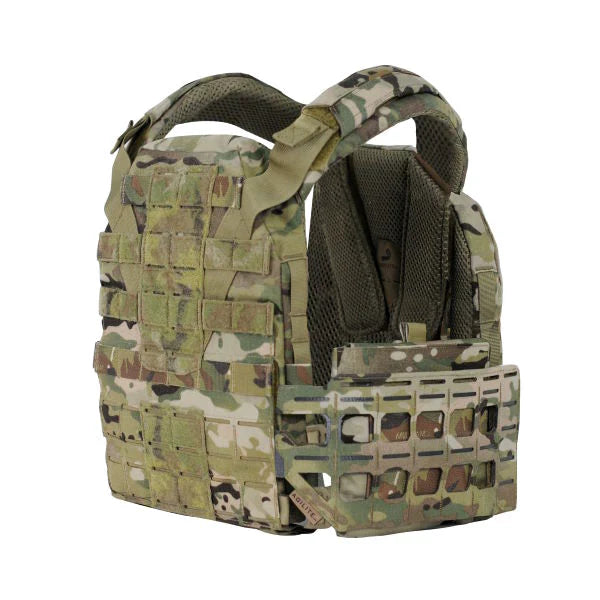 HCC Tactical flank side plate carrier tactical gear with adjustable straps and MOLLE webbing for military or law enforcement use.