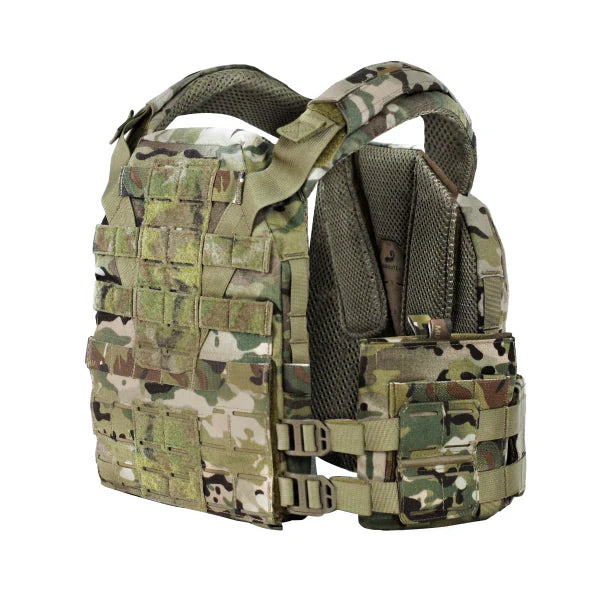 HCC Tactical flank side plate carrier with low-profile design and adjustable straps, tactical gear for combat or training.