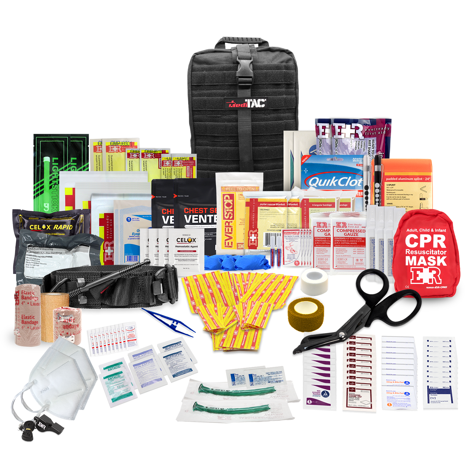 MediTac Kits Rip-Away Fully Stocked Tactical Trauma Kit with chest seals, tourniquet, and bleeding control supplies.