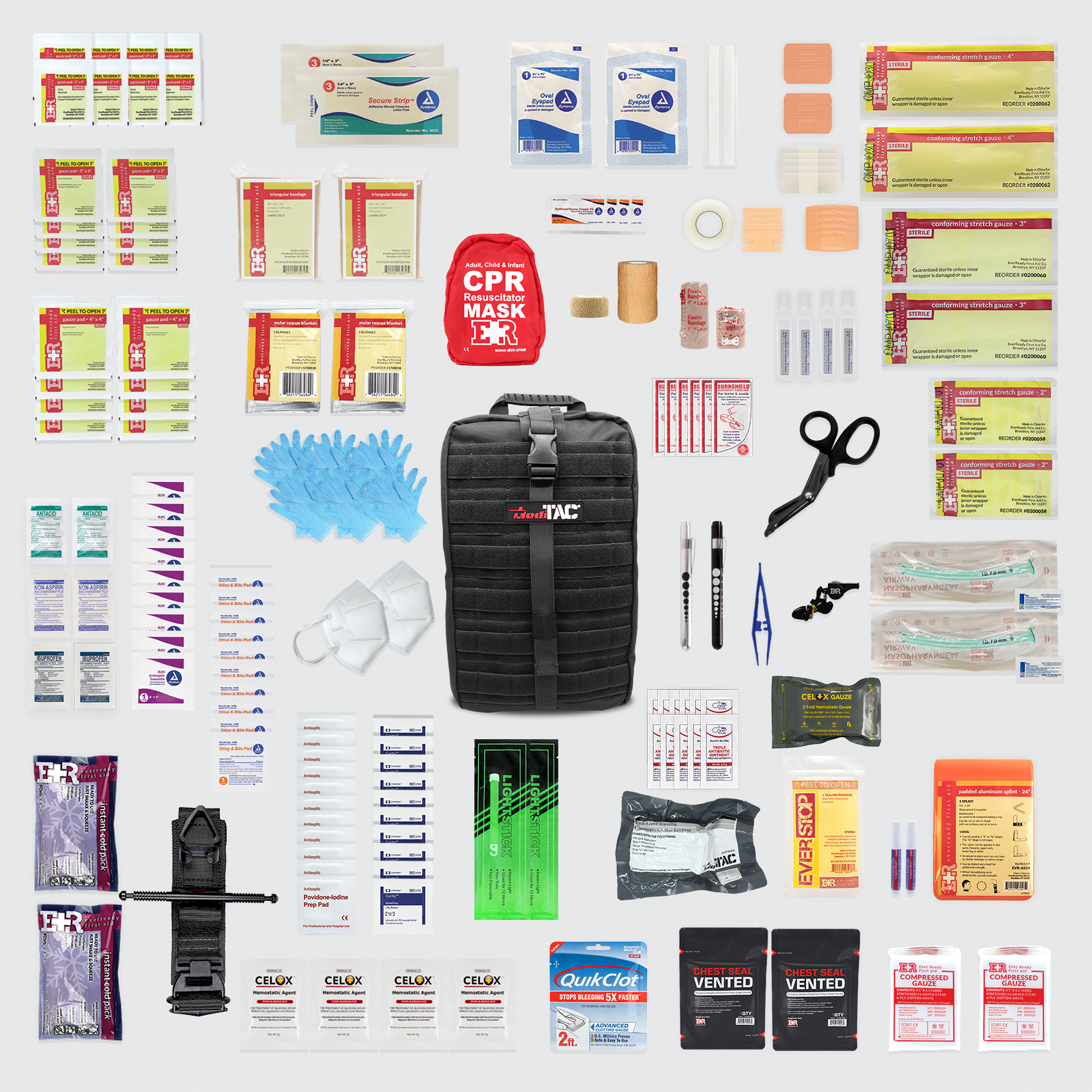 MediTac Kits Rip-Away Fully Stocked Tactical Trauma Kit with chest seals, tourniquet, and bleeding control supplies, overhead view.