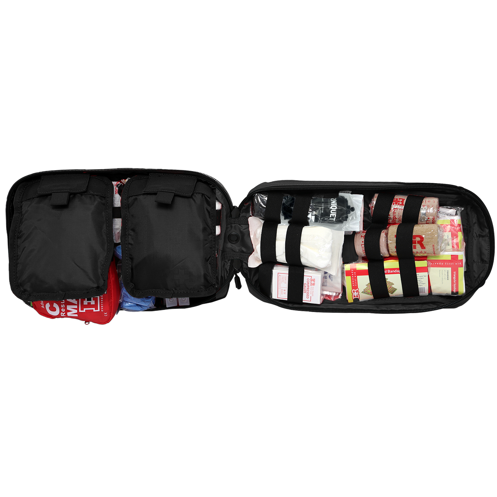 Open MediTac Kits bleeding control trauma kit with chest seals, tourniquet, and bleeding management supplies, side view with open flaps
