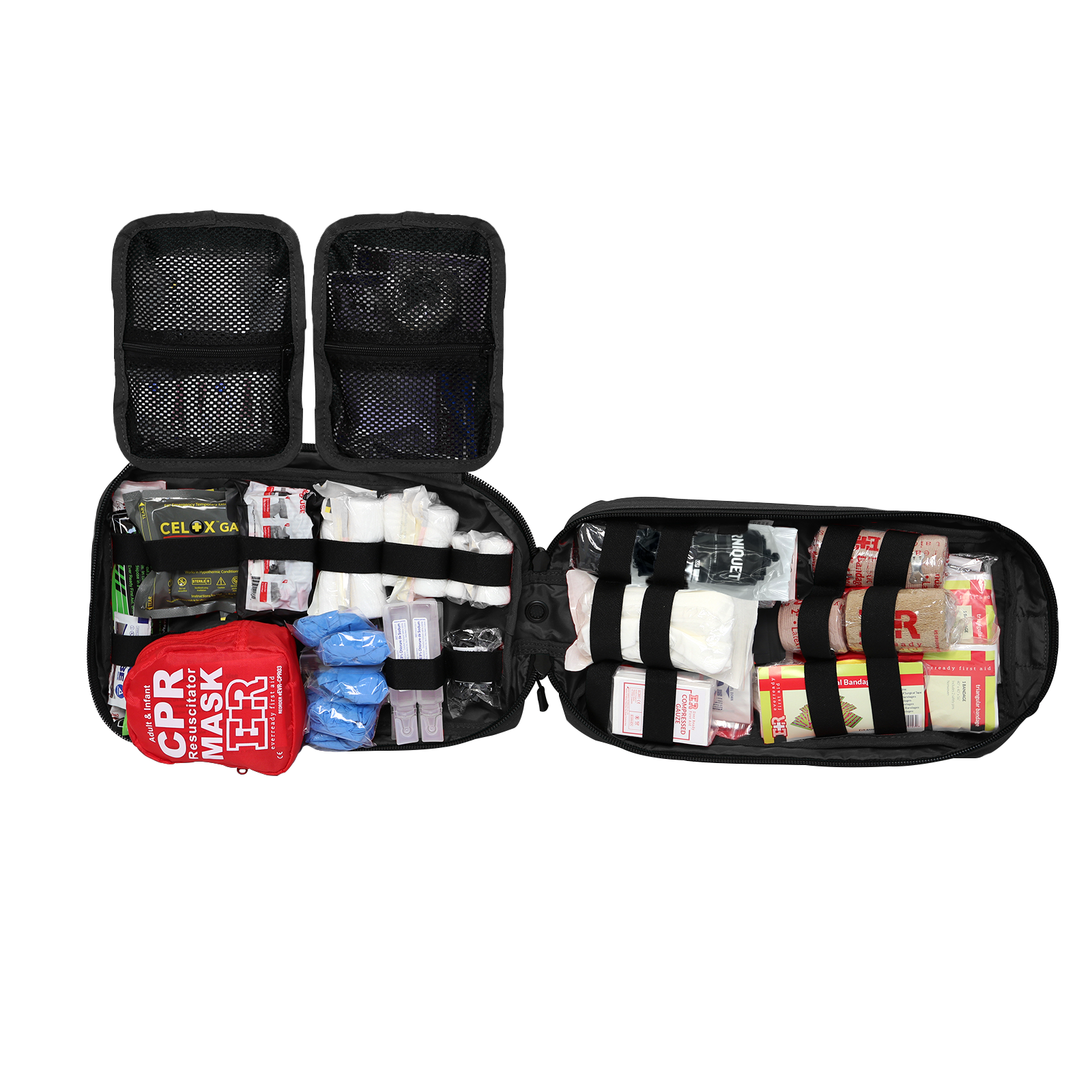 MediTac Kits Rip-Away Fully Stocked Trauma Kit with chest seals, tourniquet, and bleeding control supplies, open for quick access.