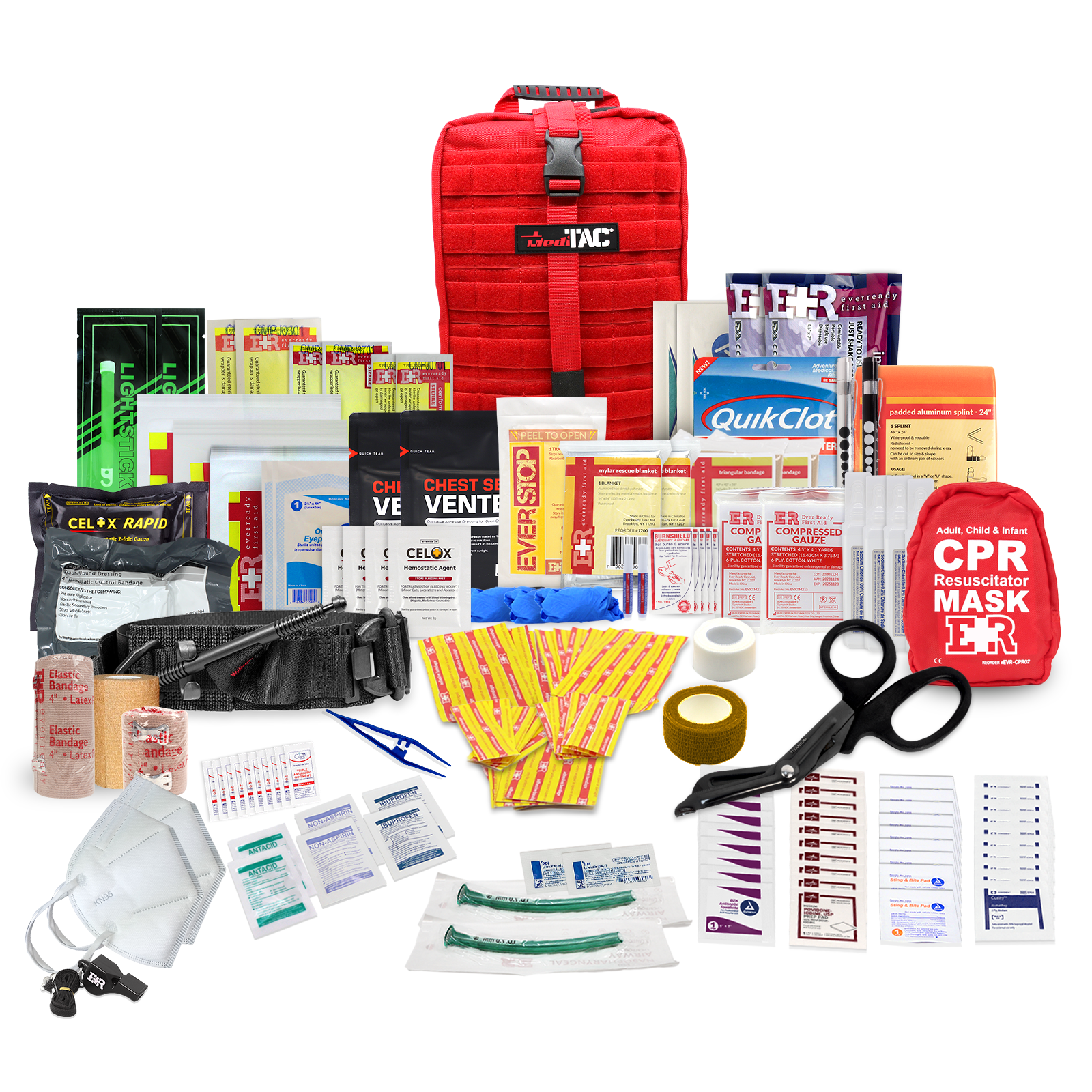 MediTac Kits Rip-Away Fully Stocked Tactical Trauma Kit with chest seals, tourniquet, and bleeding control supplies.