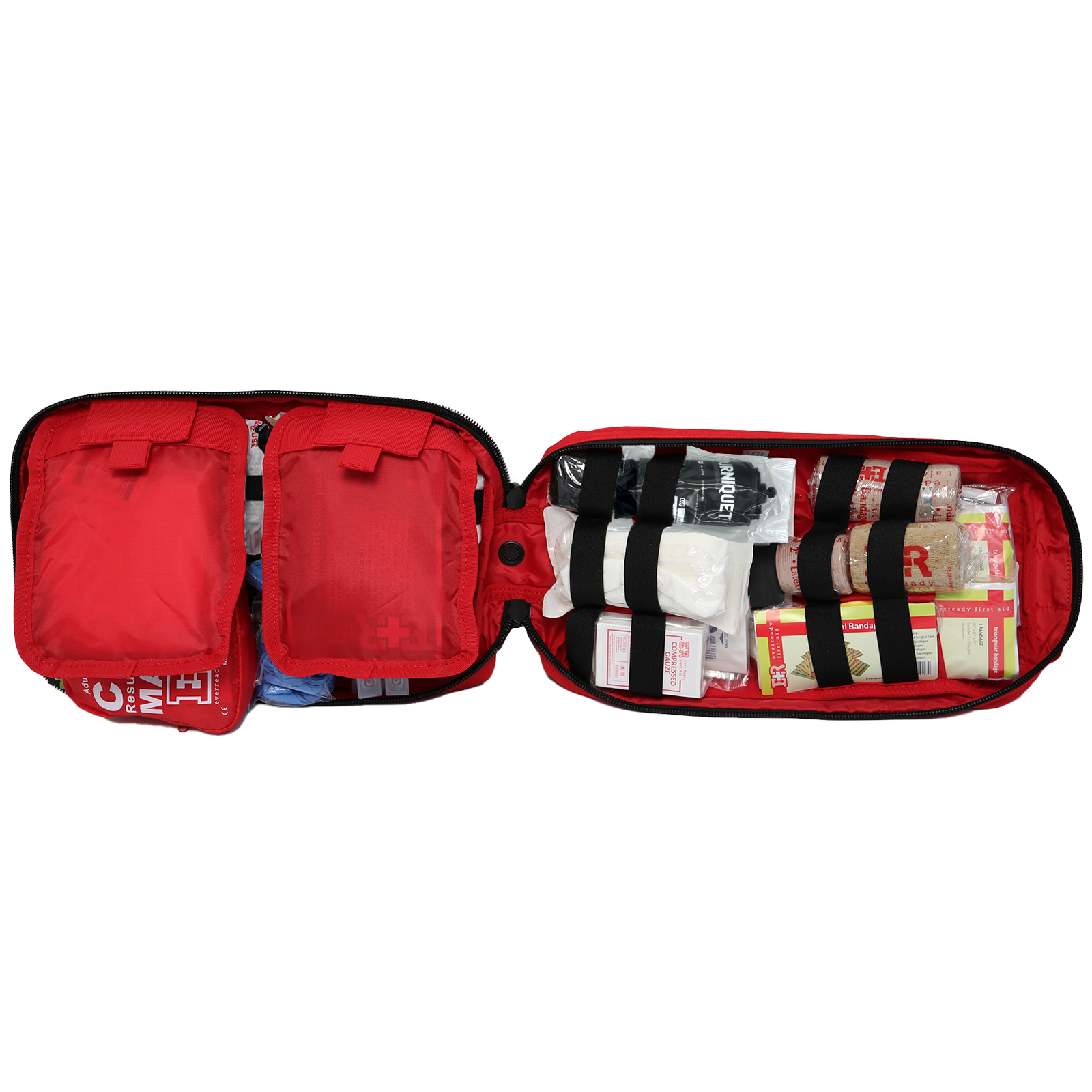 Open MediTac Kits Rip-Away Fully Stocked Tactical Trauma Kit with chest seals, tourniquet, and bleeding control supplies.