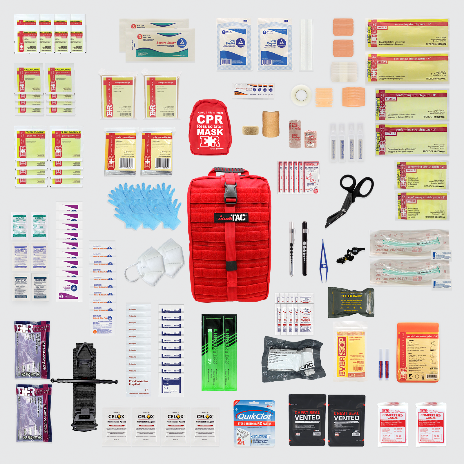 MediTac Kits Rip-Away Fully Stocked Tactical Trauma Kit with chest seals, tourniquet, and bleeding control supplies on a white background.