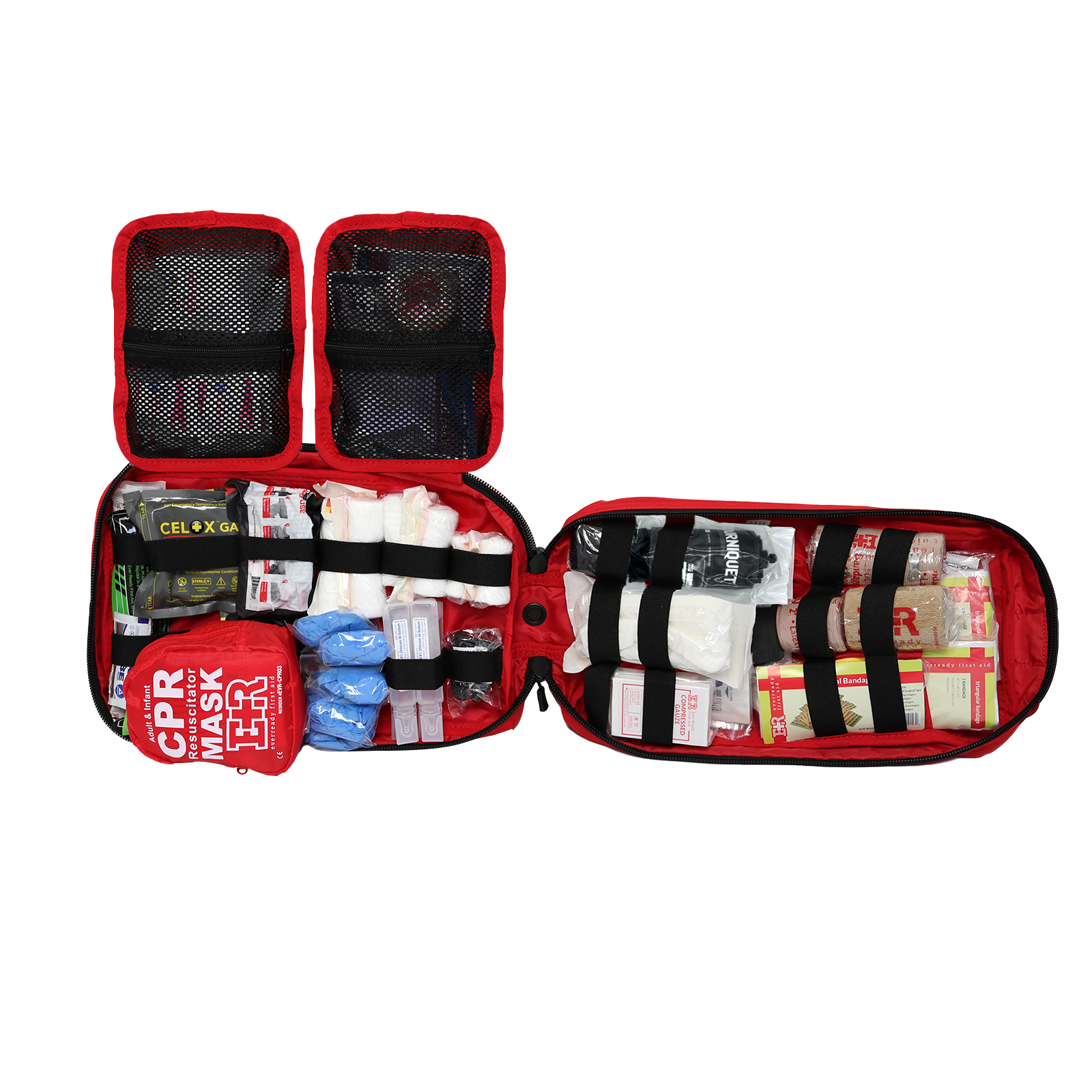 MediTac Kits Rip-Away Fully Stocked Tactical Trauma Kit with chest seals, tourniquet, and bleeding control supplies, side open with soft flap.