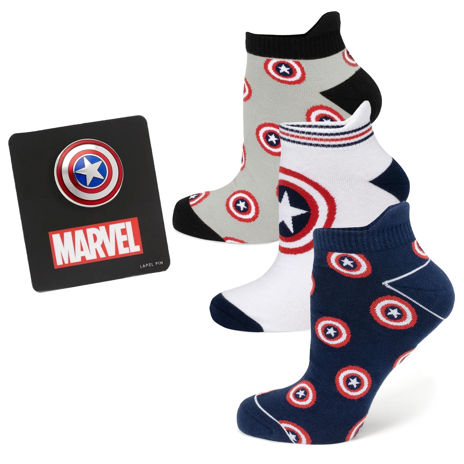 Marvel Captain America Ankle Socks 3-Pack and Lapel Pin Gift Set - OVERLANDERS Outfitter