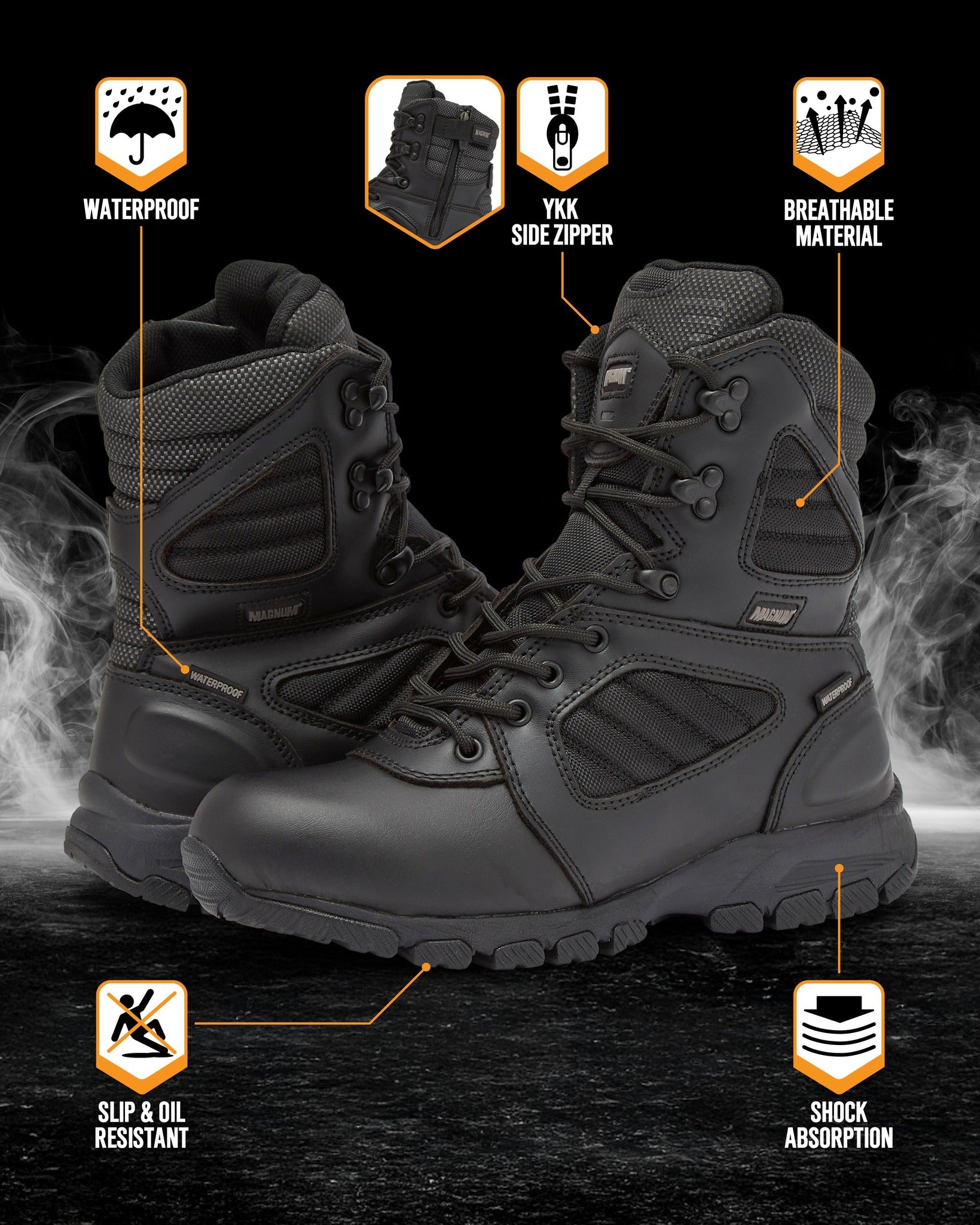 Magnum Boots MagLynx 8-inch police tactical boot with waterproof leather and reinforced toe, designed for law enforcement professionals.