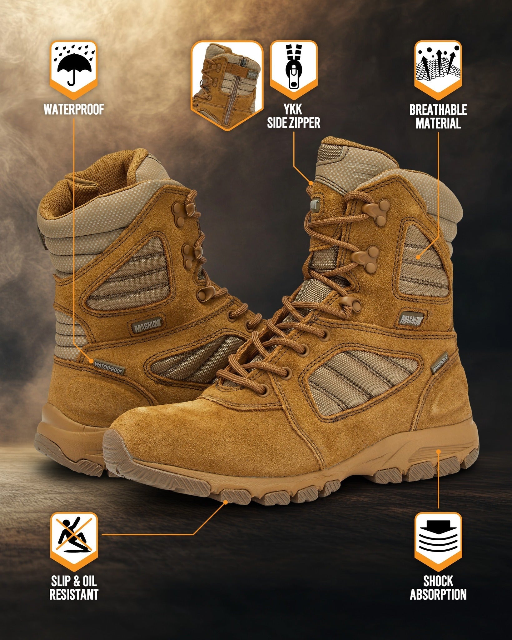 Magnum Boots MAG SHIELD suede leather 8-inch work boot with waterproof features and rugged design for durable safety footwear.
