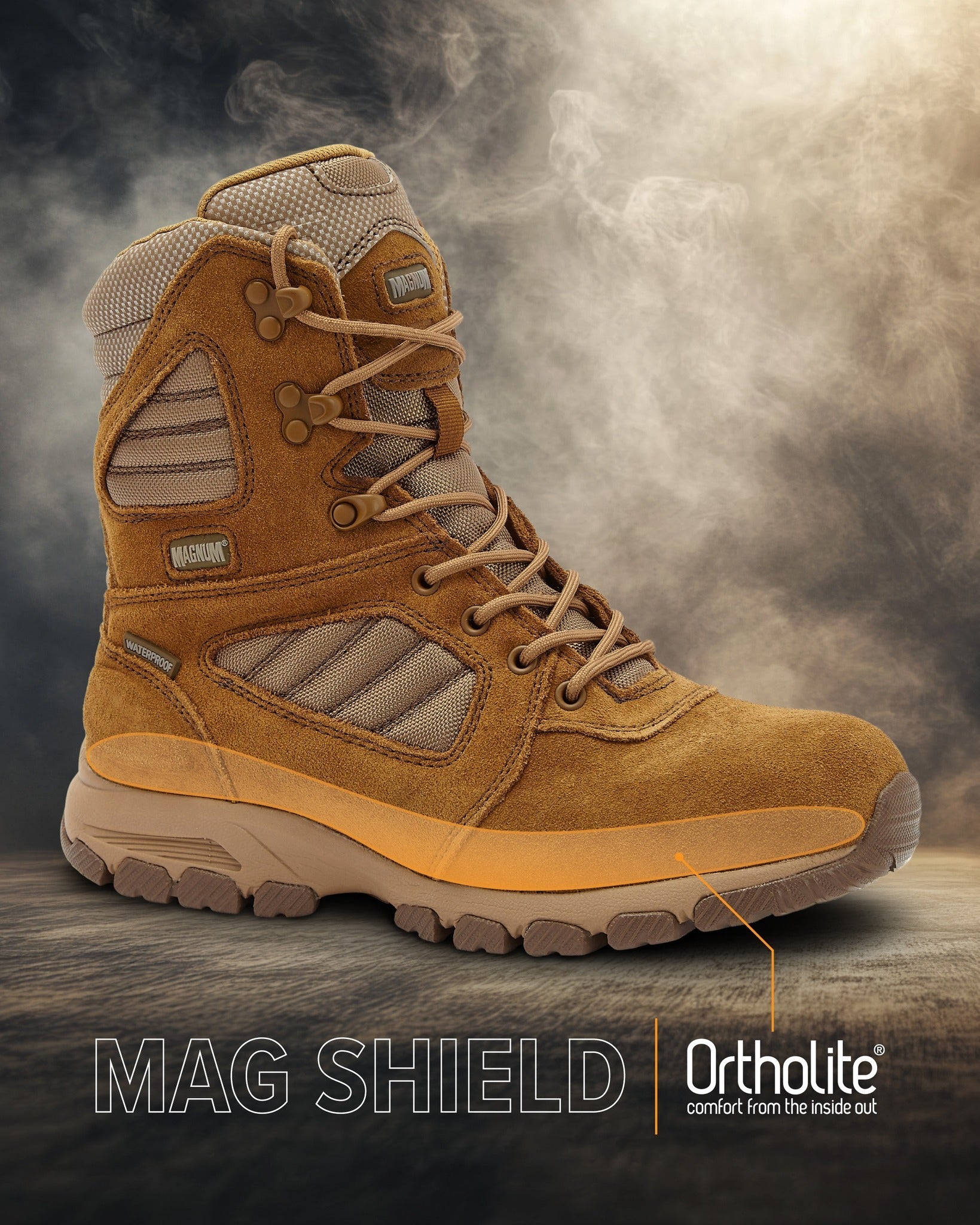 Magnum Boots MAG SHIELD suede leather 8-inch work boot with waterproof features and reinforced toe for durability.
