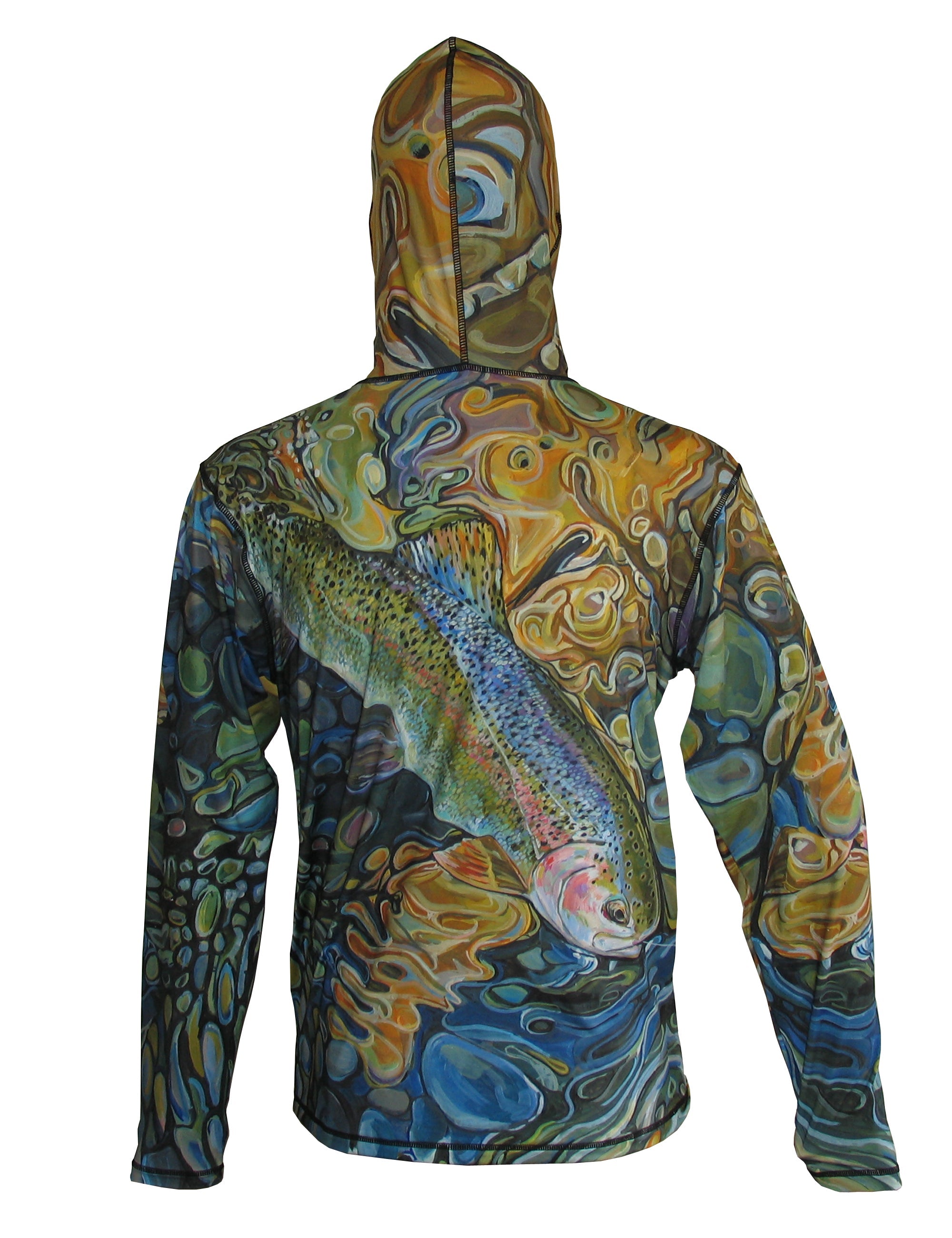 Cognito Brands Magic Waters Rainbow Trout graphic fishing hoodie from Sunpro collection, featuring a colorful trout design on the back.
