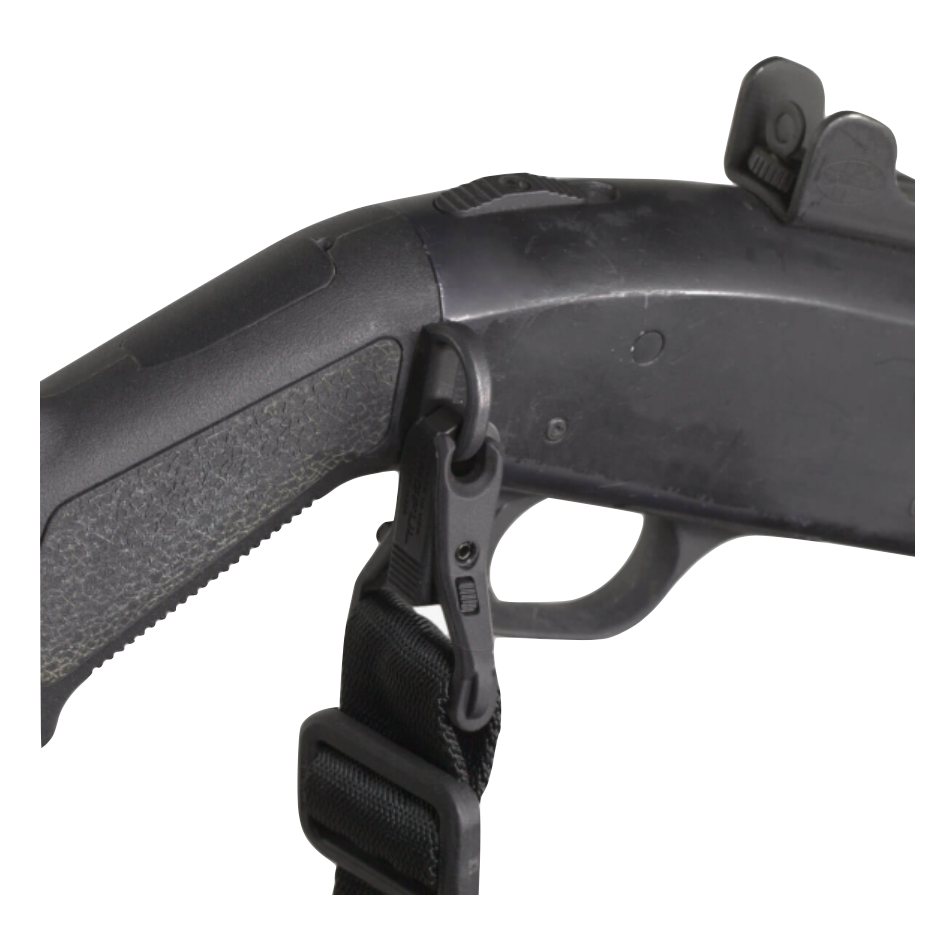 HCC Tactical SGA Receiver Sling Mount attached to a Mossberg SGA Stock, showcasing its sturdy design and functionality.
