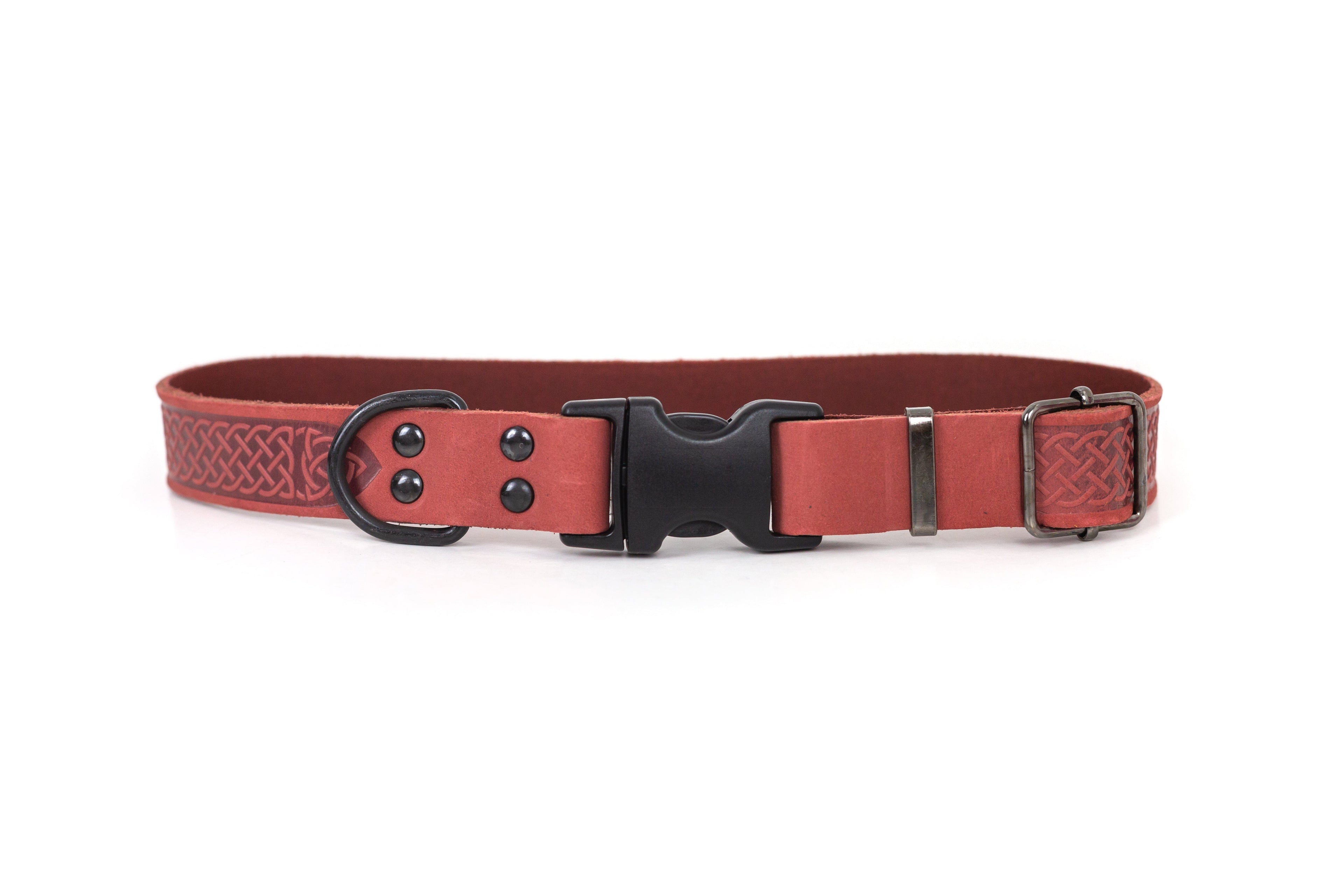 Celtic Sport Coral Reef leather dog collar with Celtic knot design, Euro-Dog Collars and Leads branding, adjustable fit.