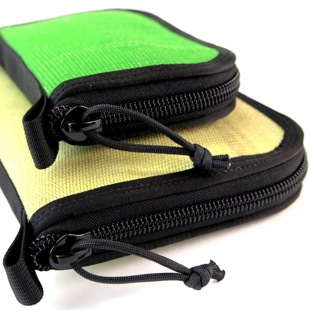 Large green and yellow zippered Major Dopp Bag by Recycled Firefighter, made from recycled materials.