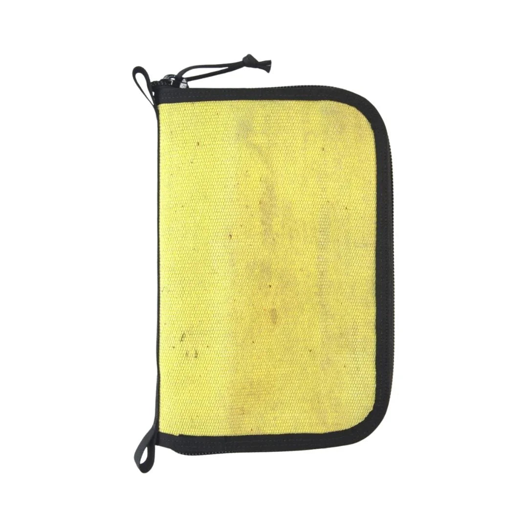 Large vintage yellow and black zippered Major Dopp Bag by Recycled Firefighter, made from recycled materials.