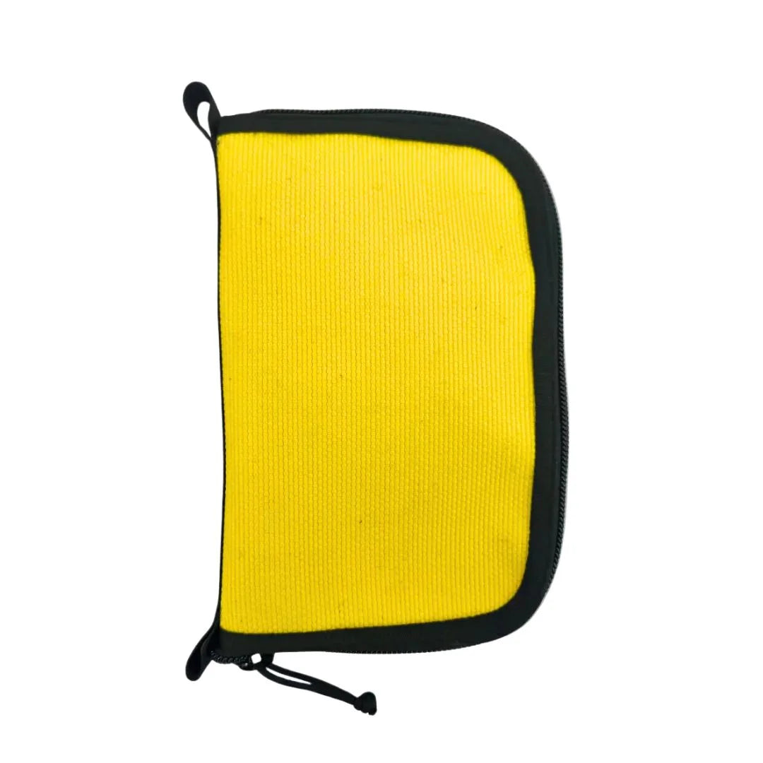 Large yellow and black zippered Major Dopp Bag by Recycled Firefighter, made from recycled materials with sturdy handles.