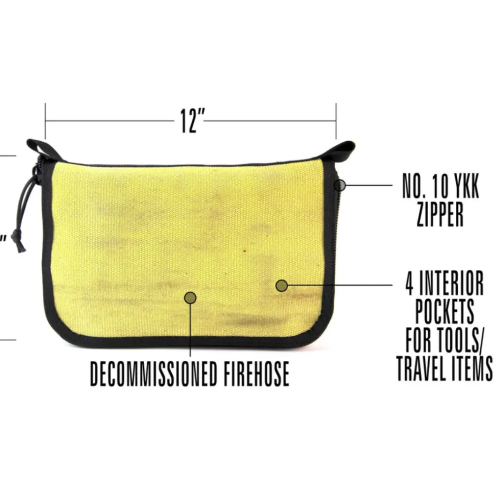 Large yellow Major Dopp Bag by Recycled Firefighter, a zippered travel and utility bag with durable recycled materials.