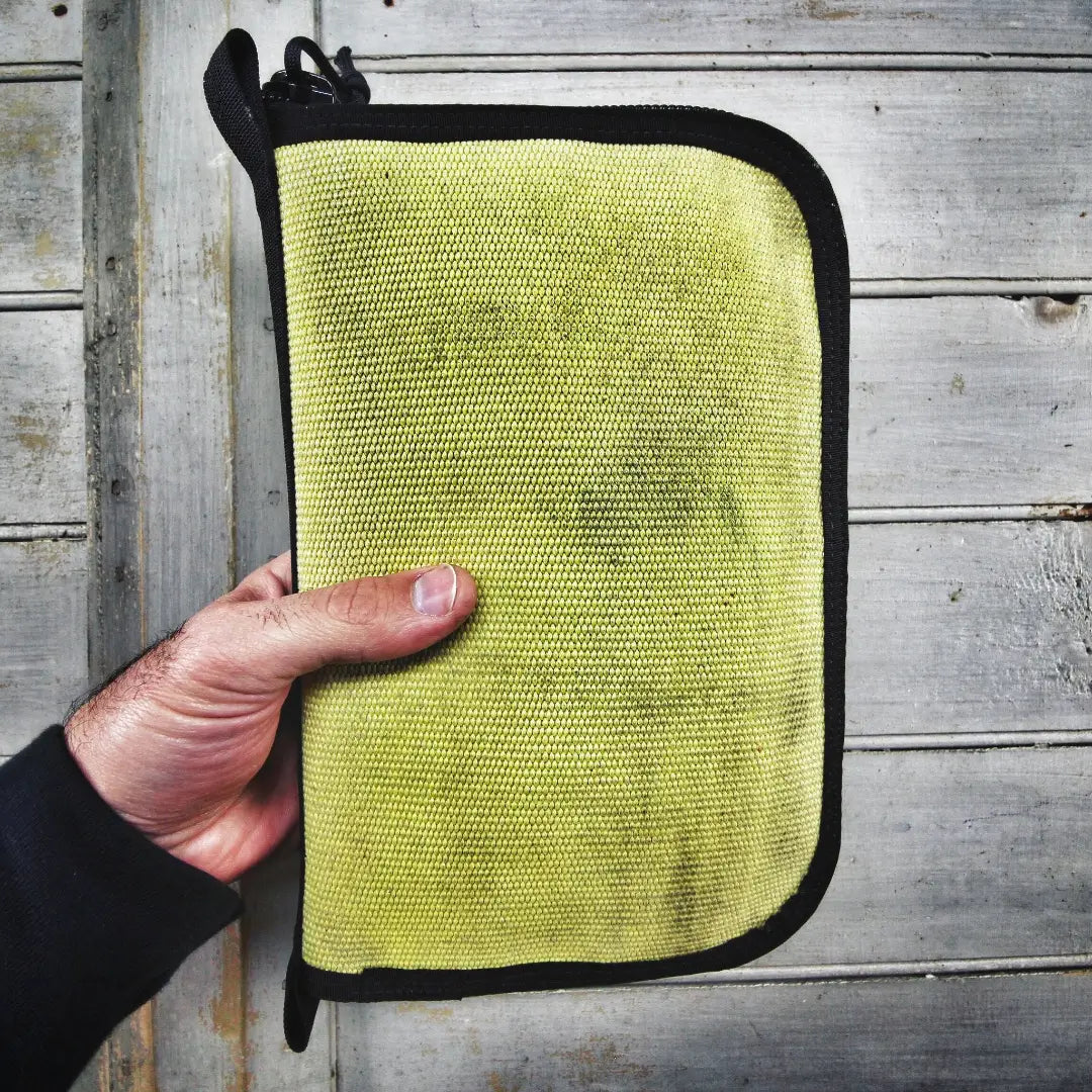 Large vintage yellow Major Dopp Bag by Recycled Firefighter, zippered travel or toiletry bag with durable recycled materials.