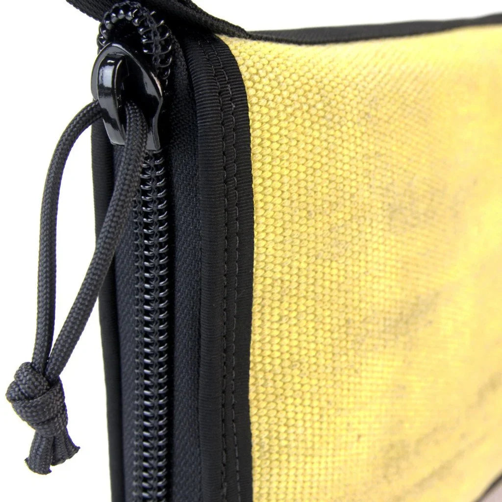 Large Recycled Firefighter Major Dopp Bag with vintage yellow zippered design, made from recycled materials for durable storage.
