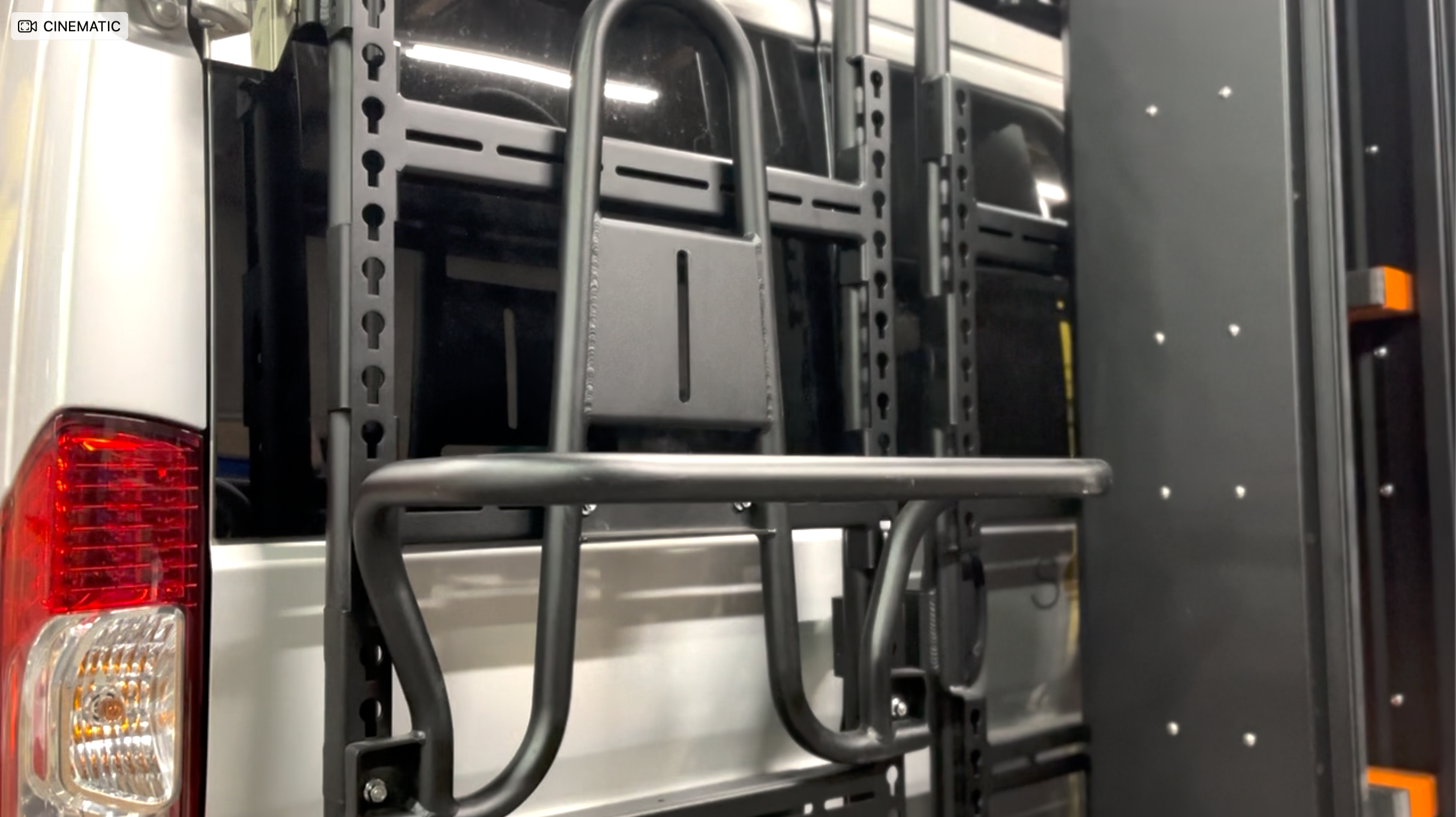 Avatar Offroad Massif van rear door storage mounting system installed on a Promaster van, showcasing durable aluminum construction.