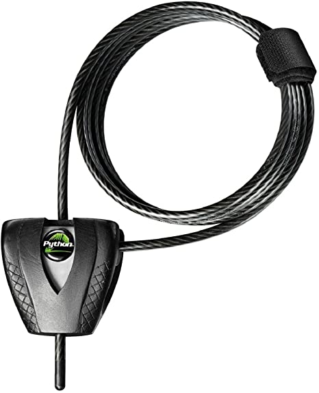 Small MasterLock Python Cable Lock by Chuck with coiled steel cable and key lock mechanism for security.