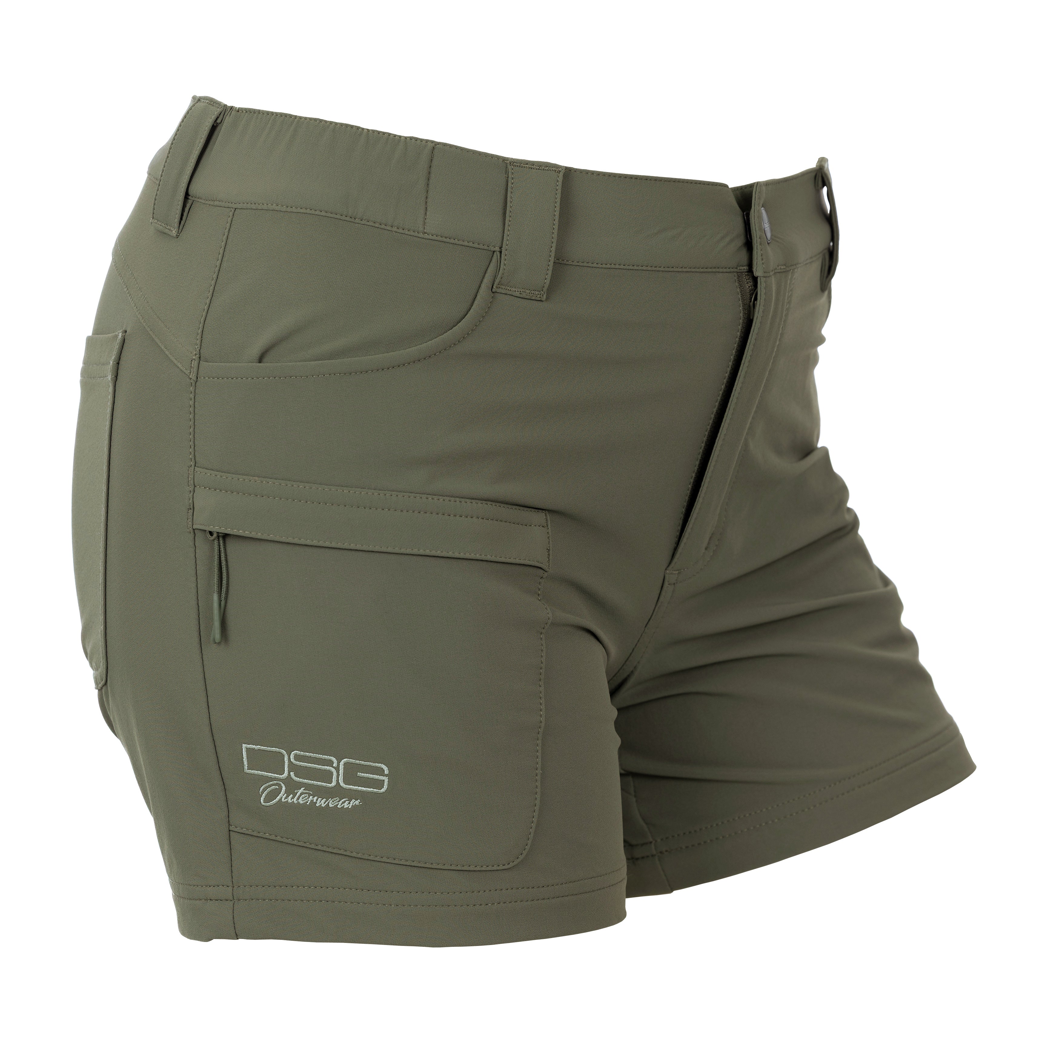 DSG OUTERWEAR Mave Short in sage green, angled view showing lightweight fabric and casual fit.