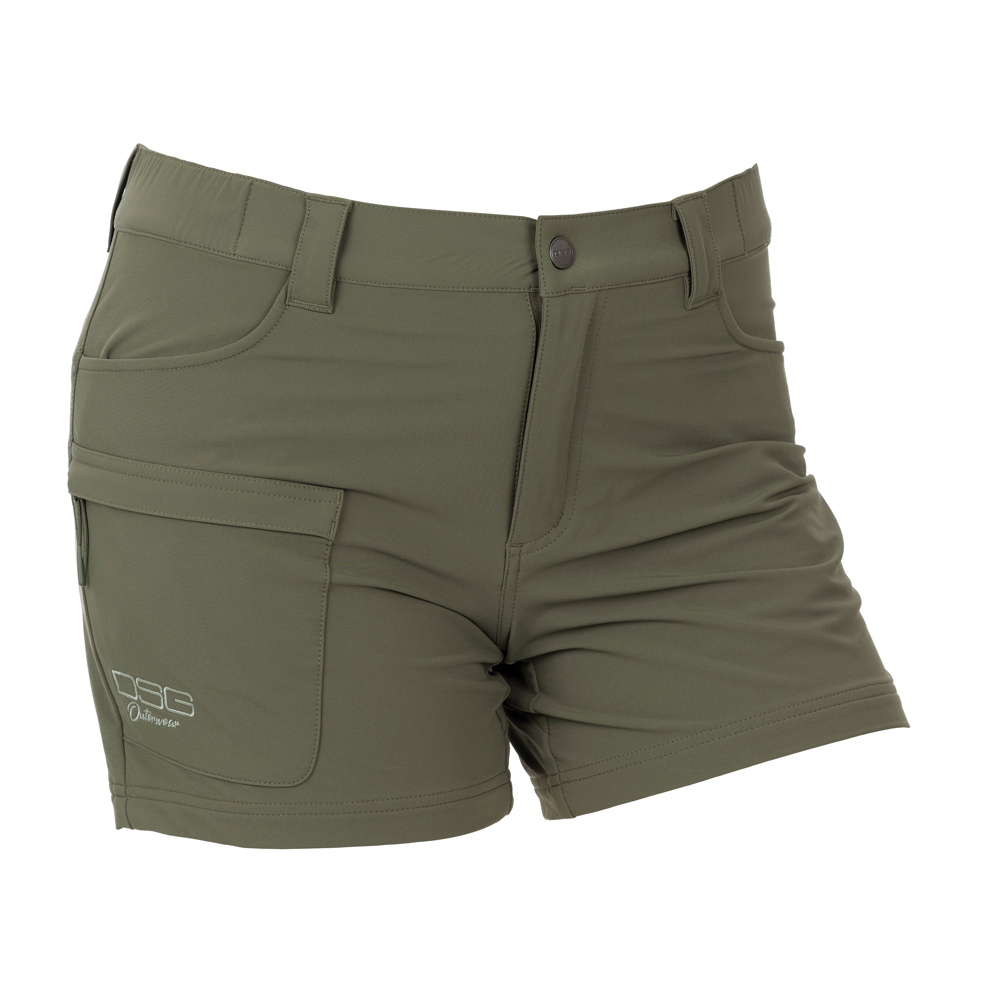 DSG OUTERWEAR Mave Short in sage, front view showing lightweight fabric and tailored fit for casual wear.