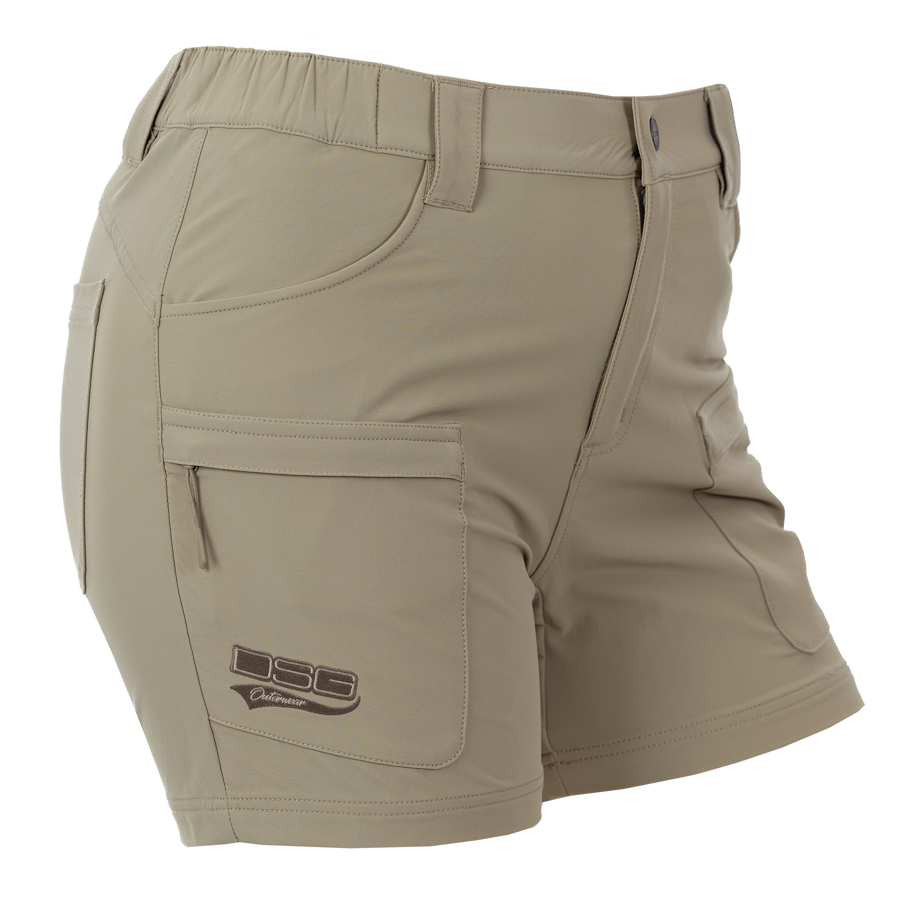 Khaki Mave Shorts by DSG Outerwear shown from the side view with a relaxed fit and casual style.