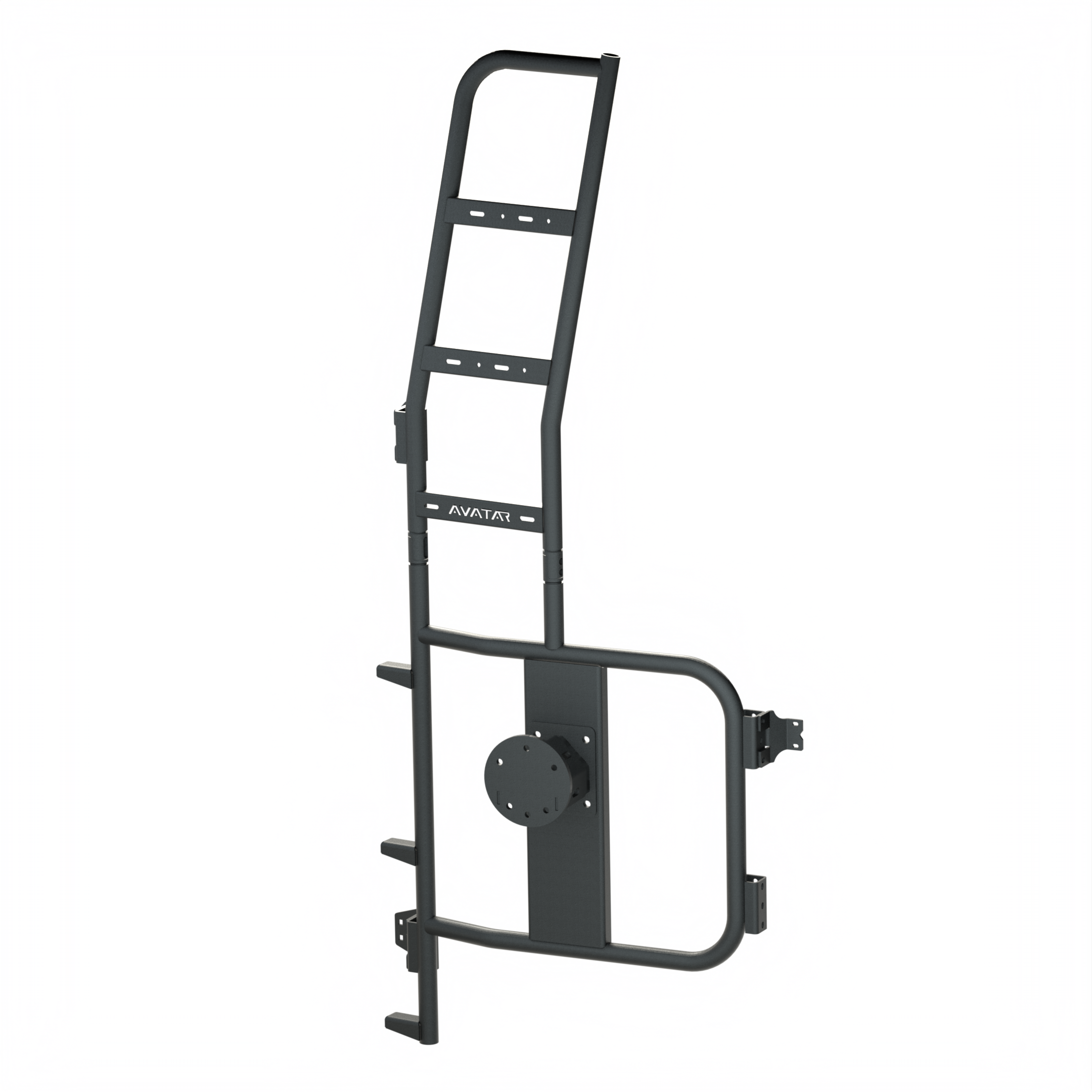 Mercedes Sprinter rear ladder tire carrier mount by Avatar Offroad showing sturdy metal ladder and tire mount attached to vehicle rear.