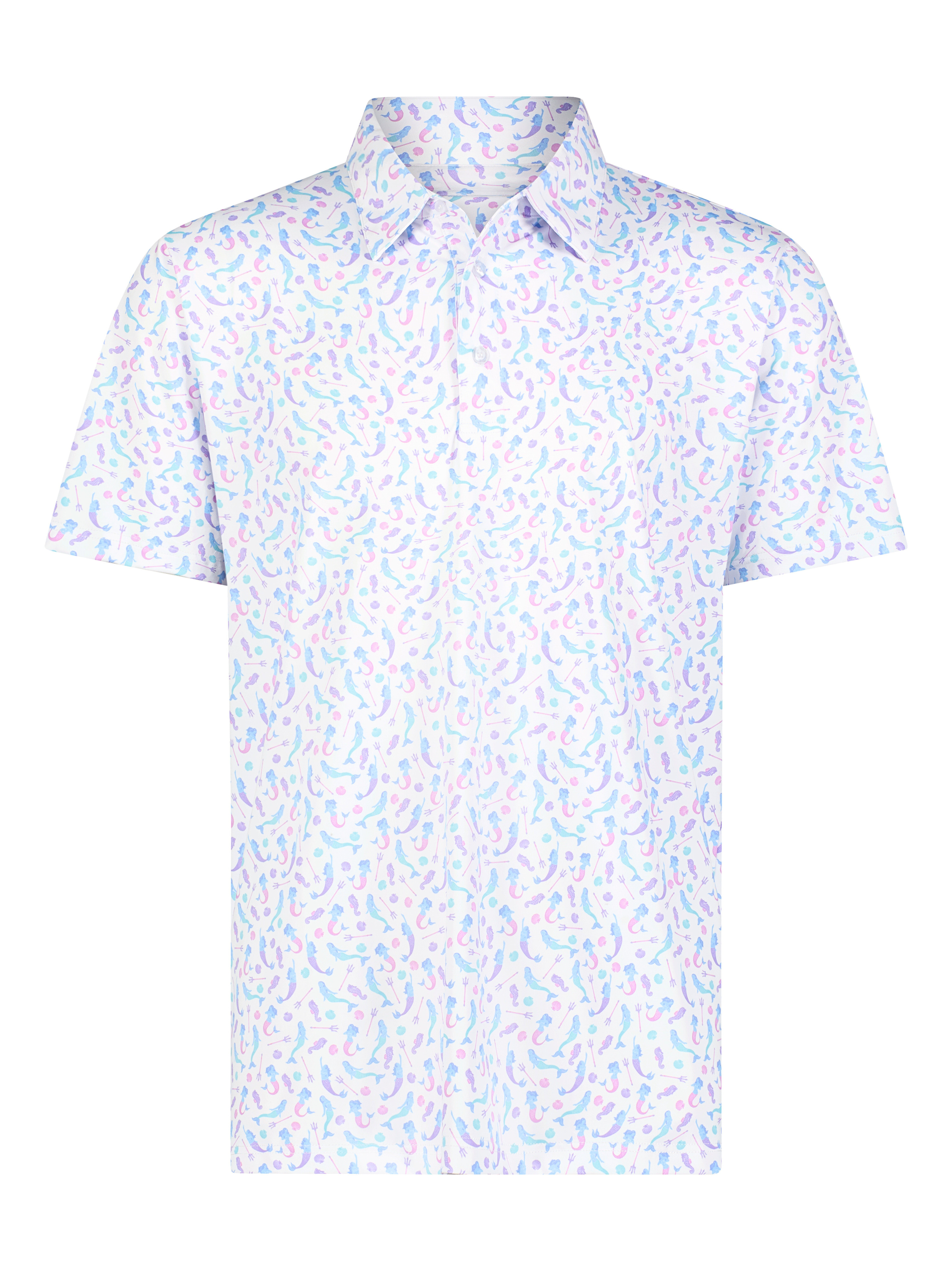 White Water Life Mermaid Polo featuring a vibrant mermaid graphic on a classic polo shirt.