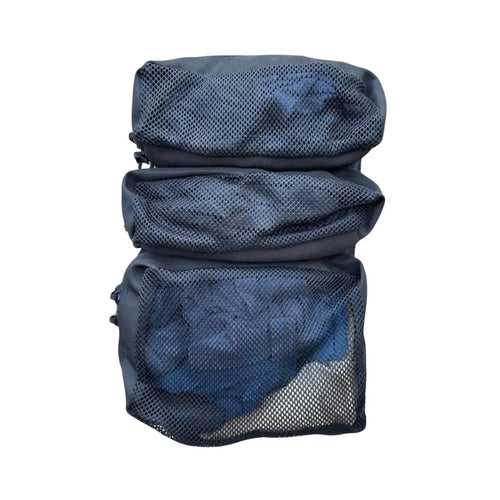 Set of Recycled Firefighter Mesh 12Hr Pouches with zippered closures, ideal for organization and storage.