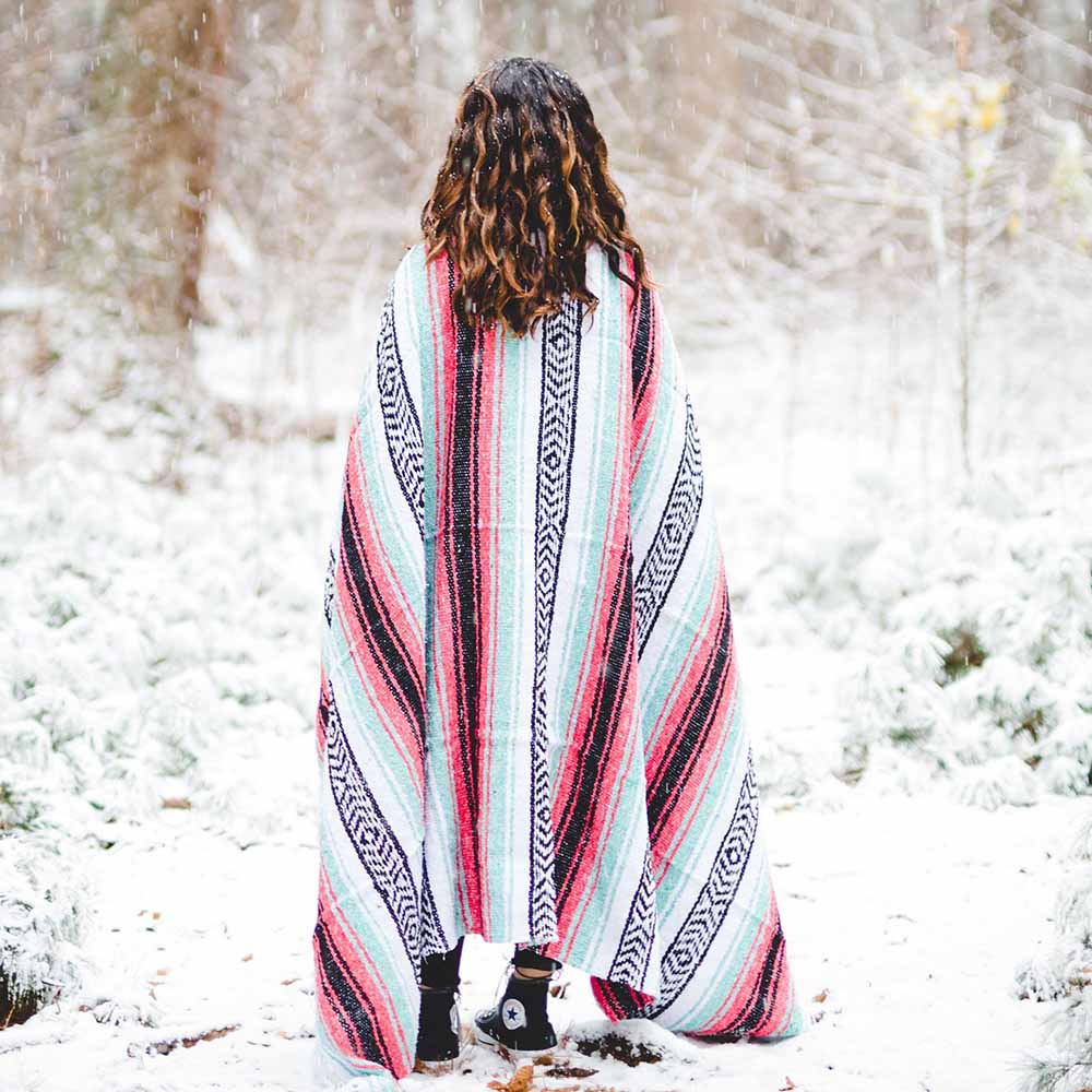Seafoam Green & Coral Mexican Falsa Blanket - OVERLANDERS Outfitter