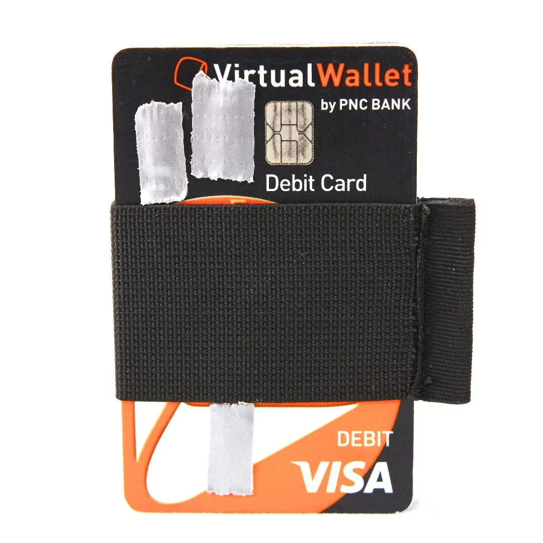Black minimalist elastic card band wallet by Recycled Firefighter with a sleek, compact design for easy card organization.