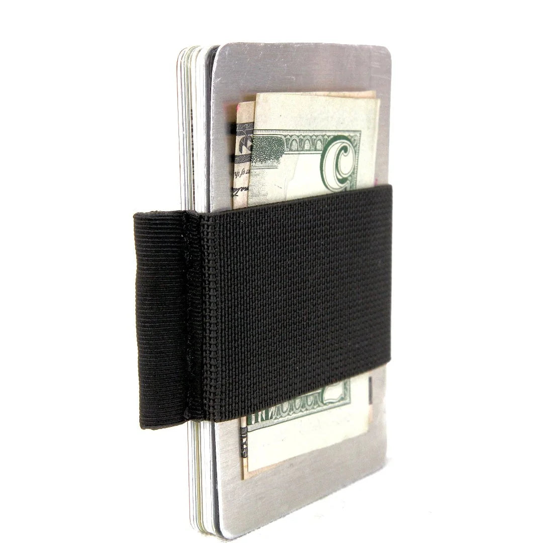 Black minimalist elastic card band wallet by Recycled Firefighter, showing a sleek, compact design with elastic band for holding cards.