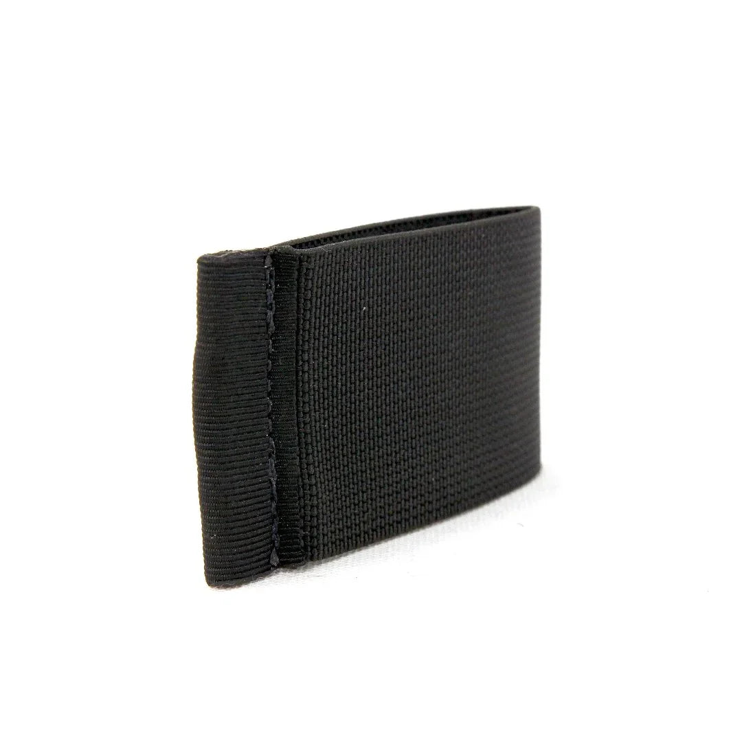 Black minimalist elastic card band wallet by Recycled Firefighter, showing a sleek, slim design with card slots and elastic band closure.
