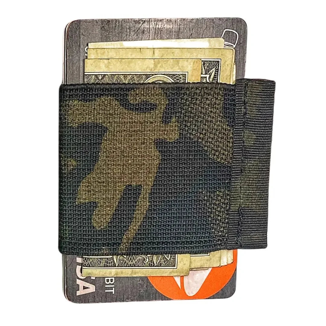 Recycled Firefighter minimalist elastic card band wallet with multicam black design, compact and slim for carrying cards.