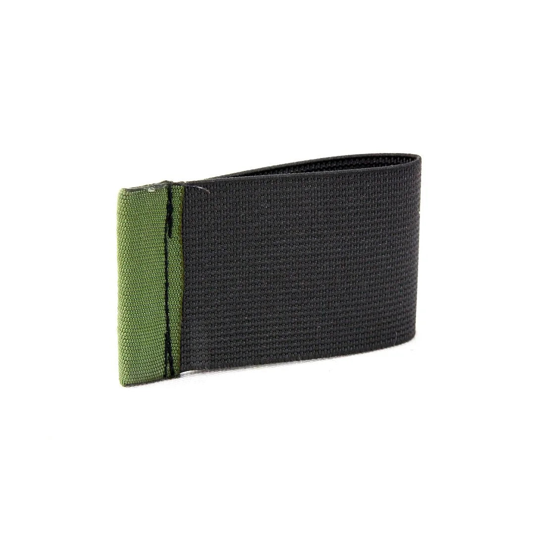 Olive green minimalist elastic card band wallet by Recycled Firefighter with a slim, compact design for easy card organization.