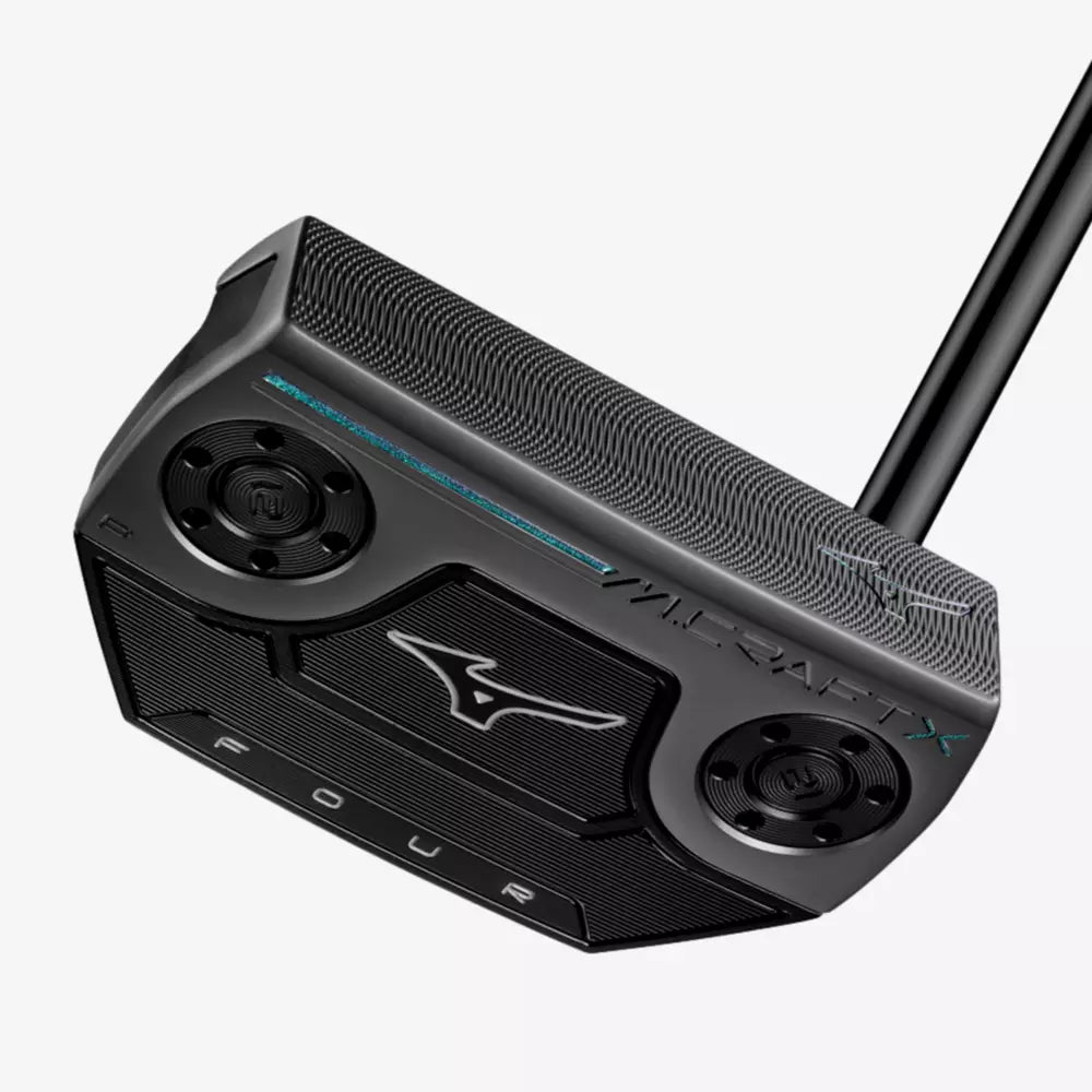 Mizuno M.CRAFT X B4 Putter golf club lying on a golf course green, showcasing its sleek design and grip for precision putting.