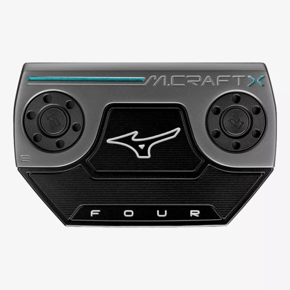 Mizuno M.CRAFT X B4 Putter golf club with black and silver design, shown on a golf course with a putter head close-up.