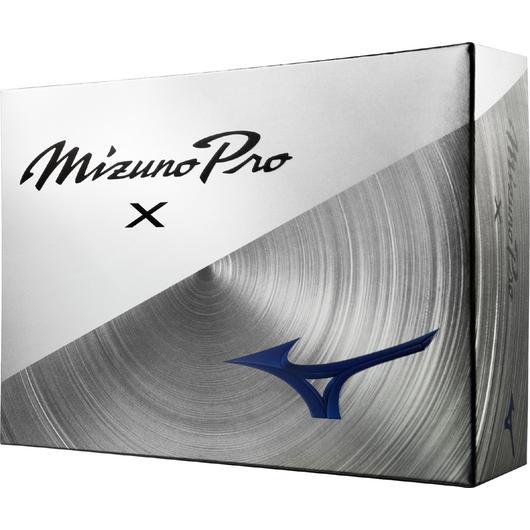 Mizuno Pro X golf ball with white matte finish, close-up view showing branding and textured surface for optimal spin and control.