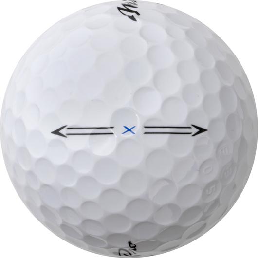 Mizuno Pro X golf ball resting on grass, white with Mizuno branding, designed for high performance in golf play.