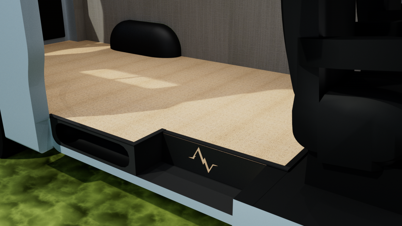 Close-up of Alpine Van Works insulated Sprinter van floor kit in moccasin Lonridge color, showing textured surface and installation details.