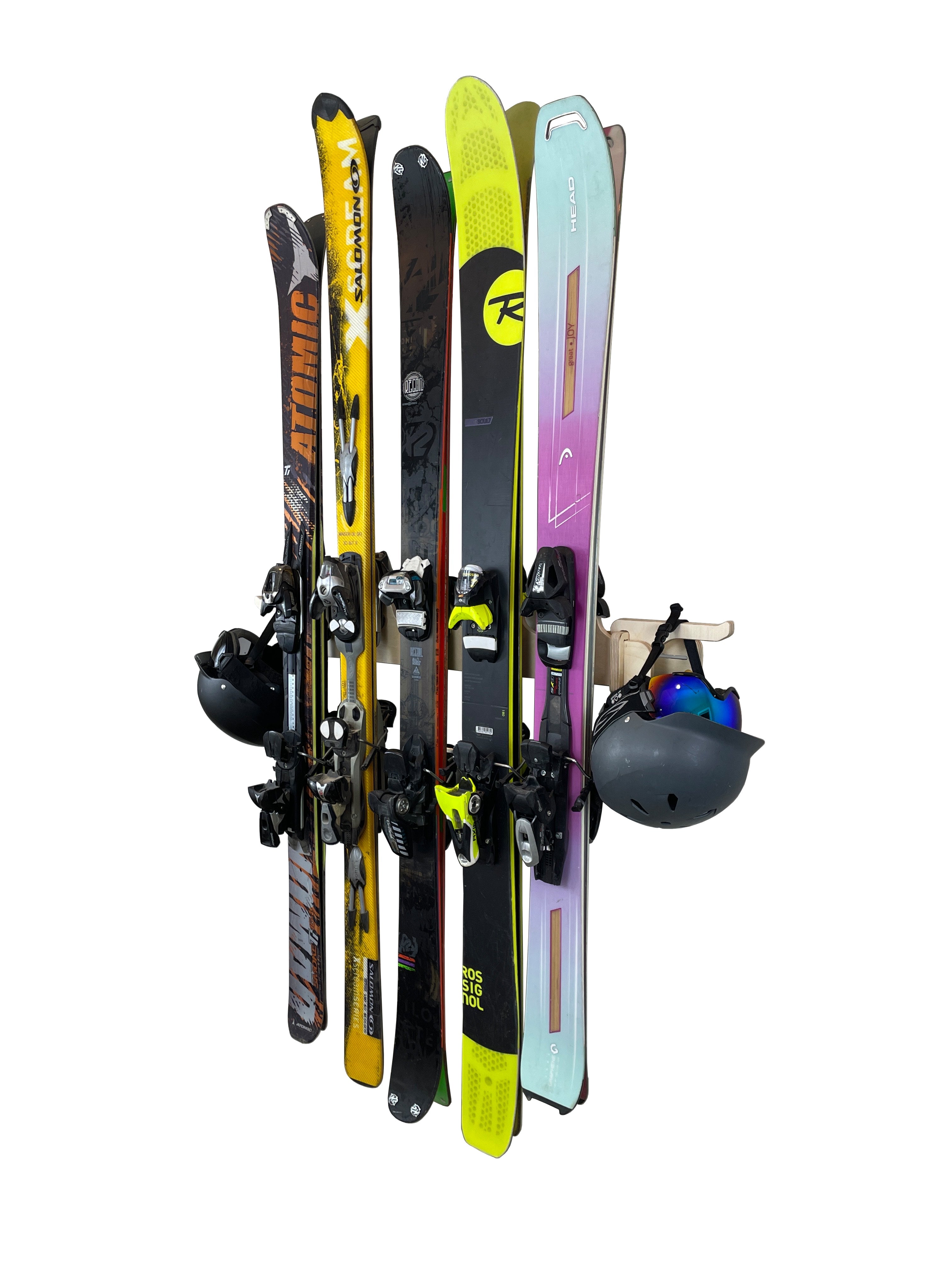 Rado Racks Mogul ski storage rack holding multiple skis in a sleek, black metal design for organized ski storage.
