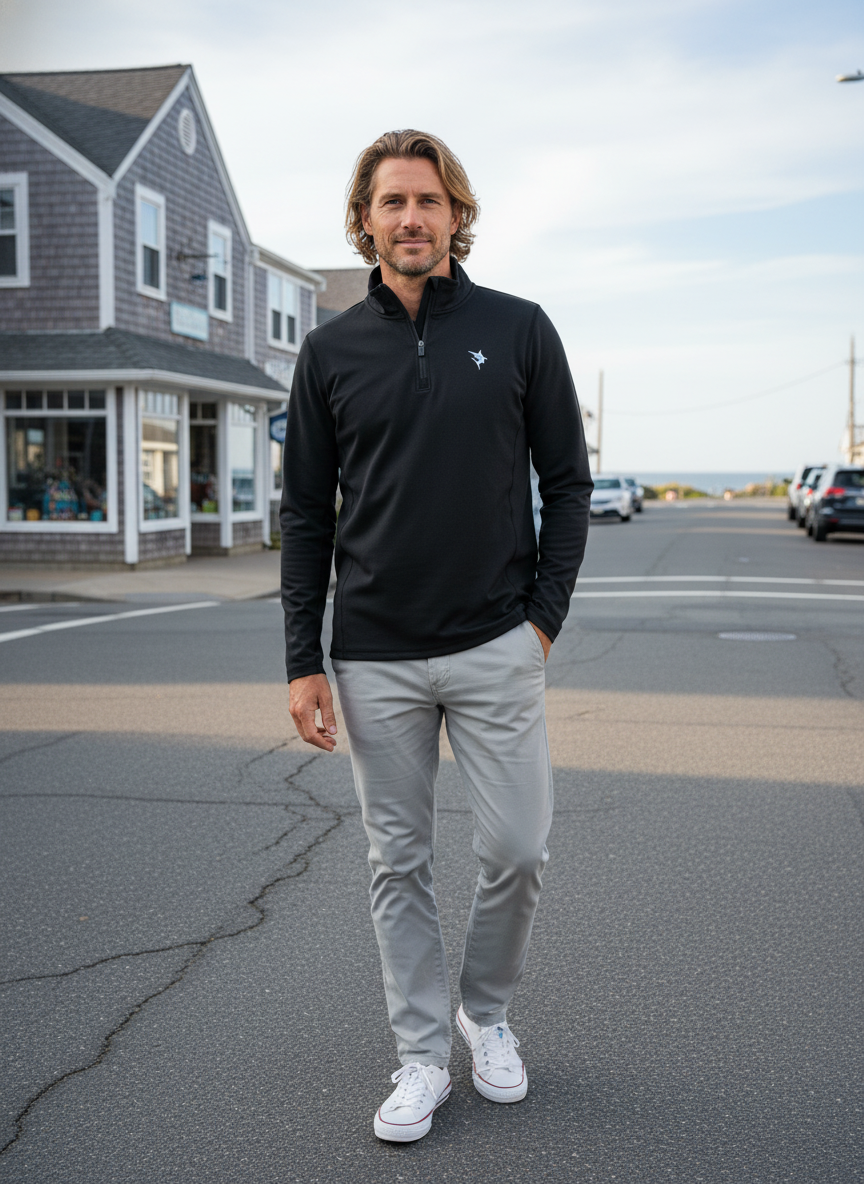 Black Montauk quarter zip from White Water Life, featuring a comfortable fit and casual style, shown on a plain background.