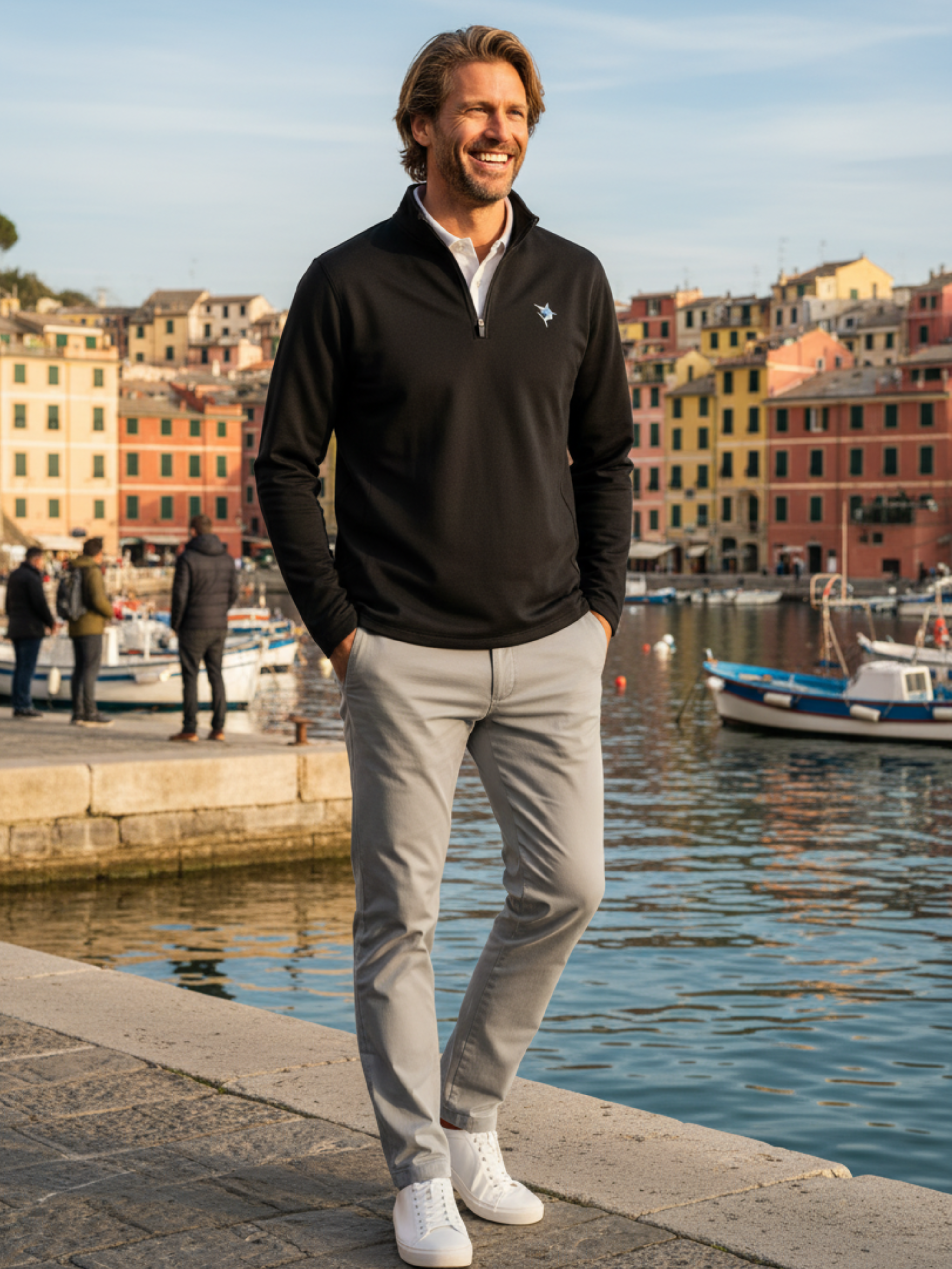 Black White Water Life Montauk quarter zip sweatshirt, close-up of fabric and collar detail.