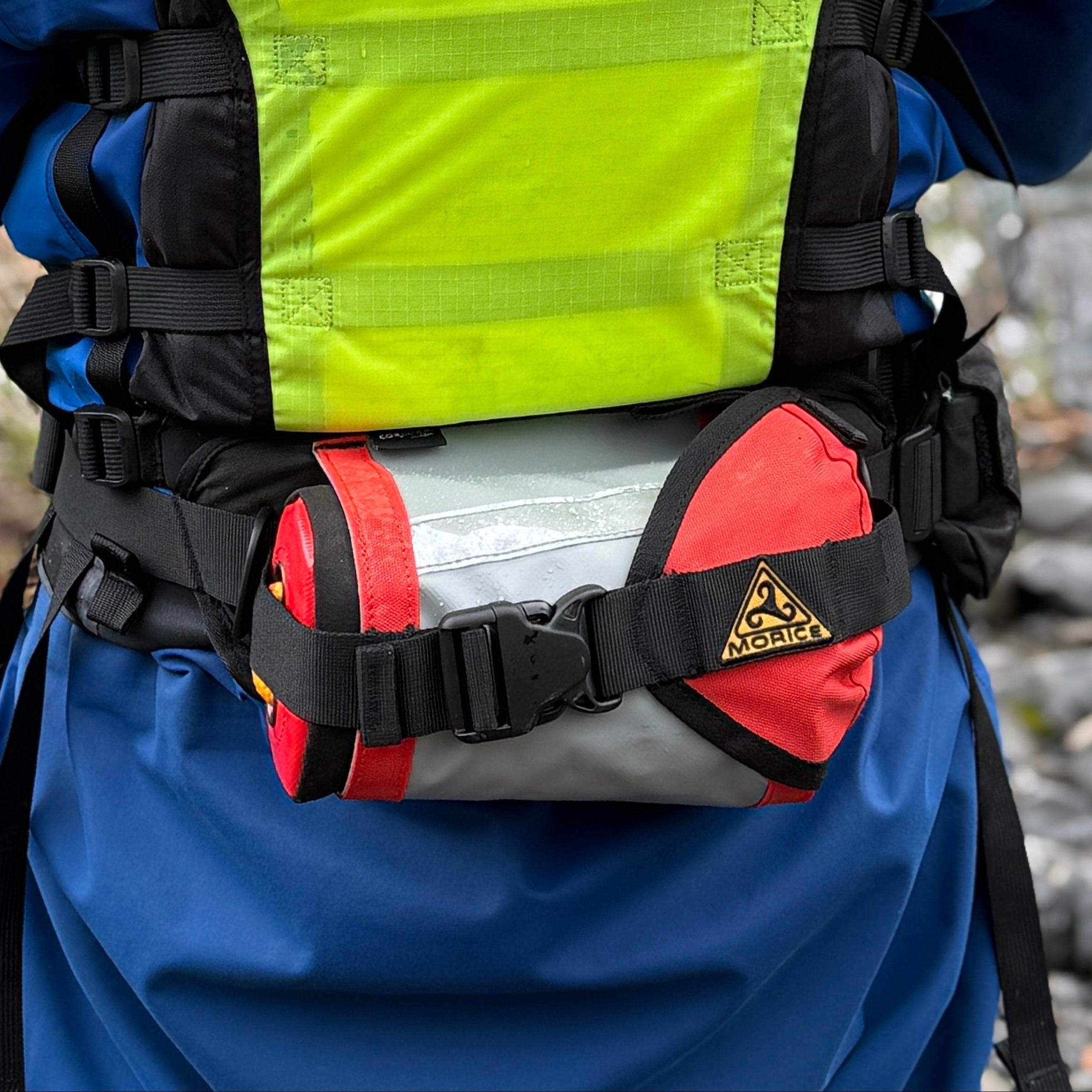 Morice 20m throw bag and river rescue belt system by River Hardware, with safety straps and rescue gear for water rescue.