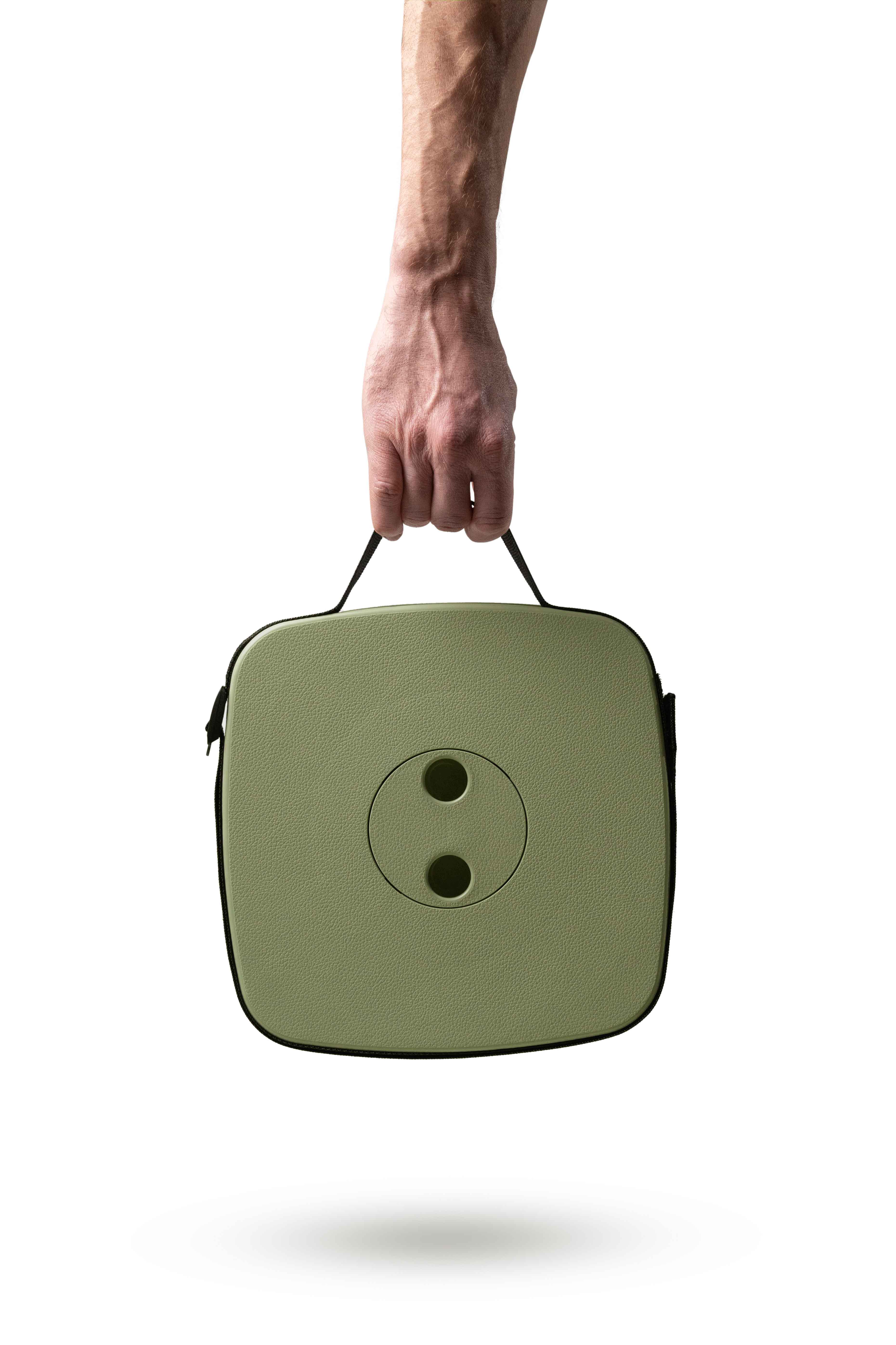 EverUncharted Nomad Seat portable camping chair with moss green fabric and handle, compact camping furniture for outdoor adventures.