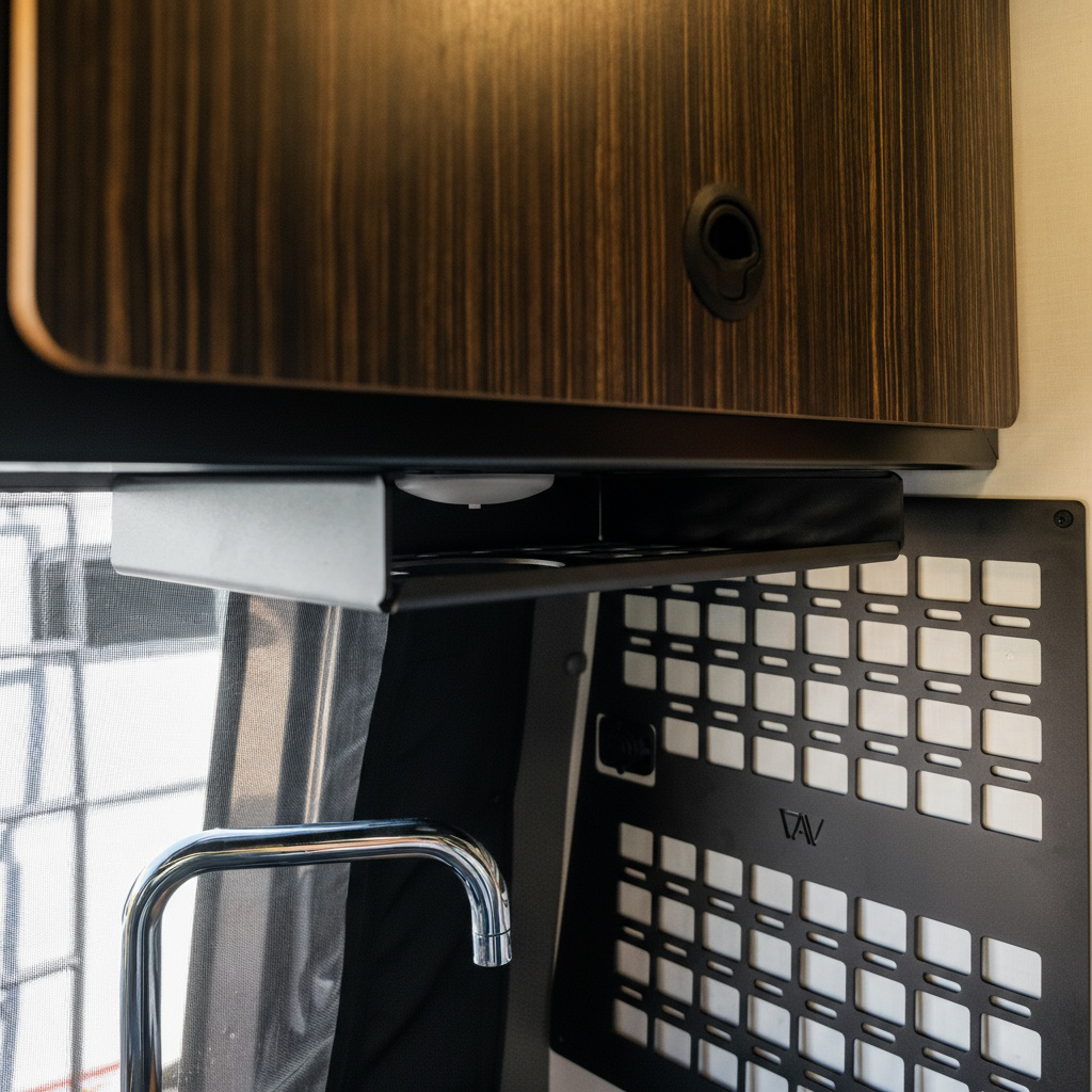 Revel undercabinet shelf by Canyon Adventure Vans, made in Utah, mounted under kitchen cabinet for added storage.